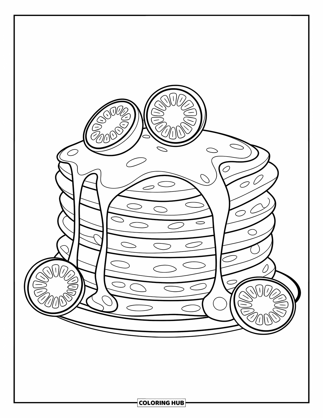 Coloriage de crêpe pour adultes : Une pile de crêpes détaillée avec du sirop tourbillonnant et des tranches de fruits finement lignées