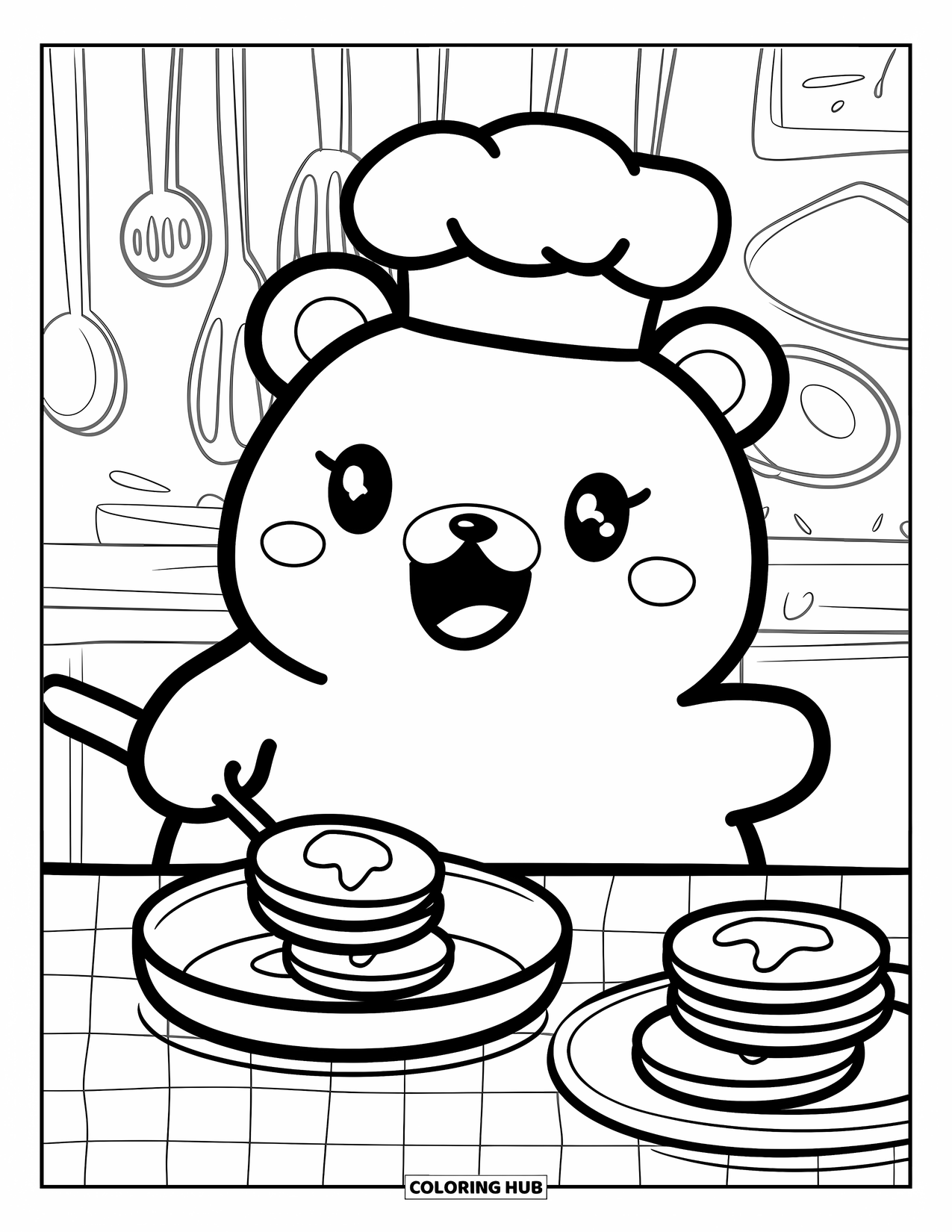 Coloriage de crêpe pour adultes : Un ours chef moelleux faisant sauter une crêpe, avec une pile de crêpes et une scène de cuisine chaleureuse