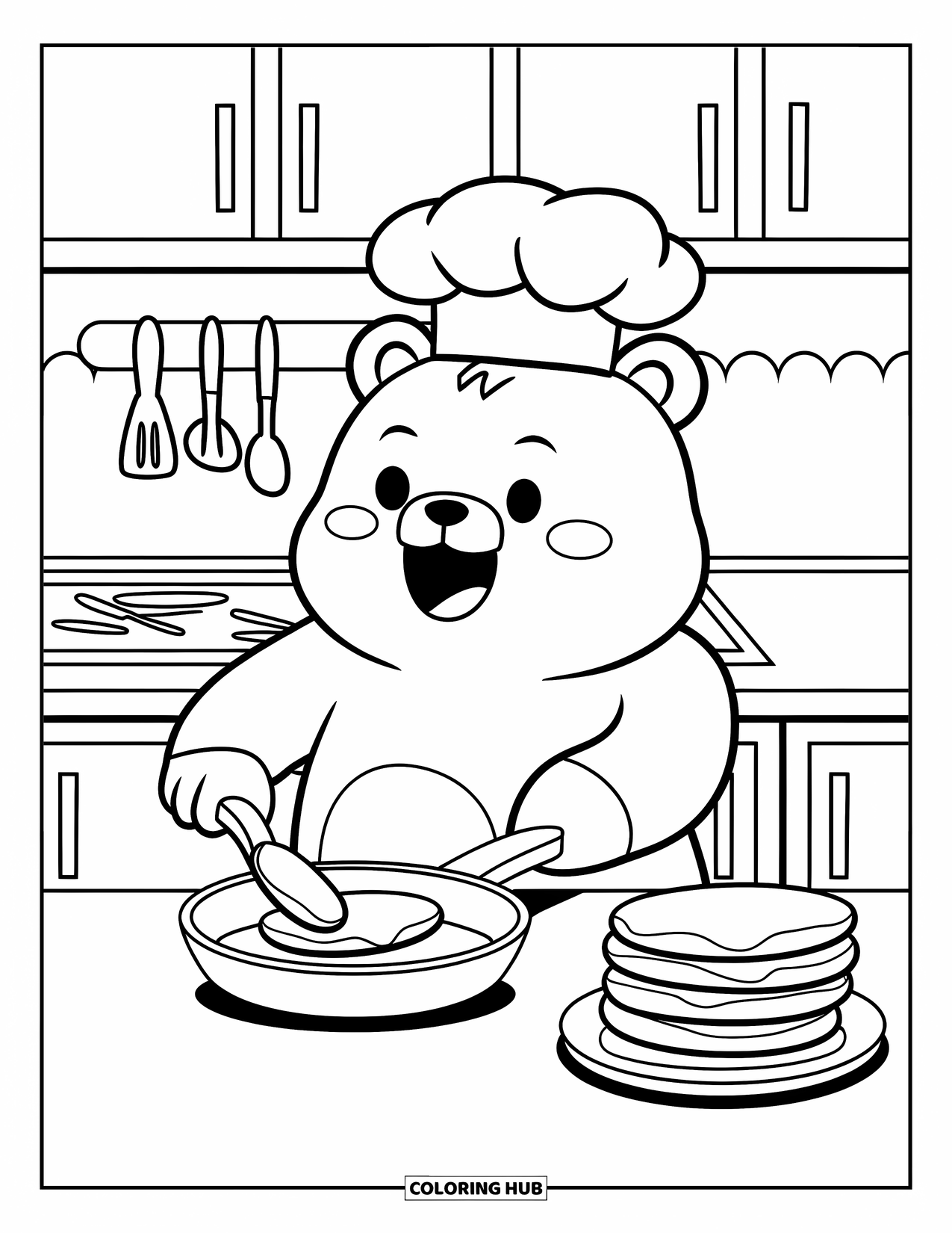 Coloriage de crêpe pour adultes : Un ours chef heureux faisant sauter une crêpe dans une petite poêle, entouré d’ustensiles de cuisine