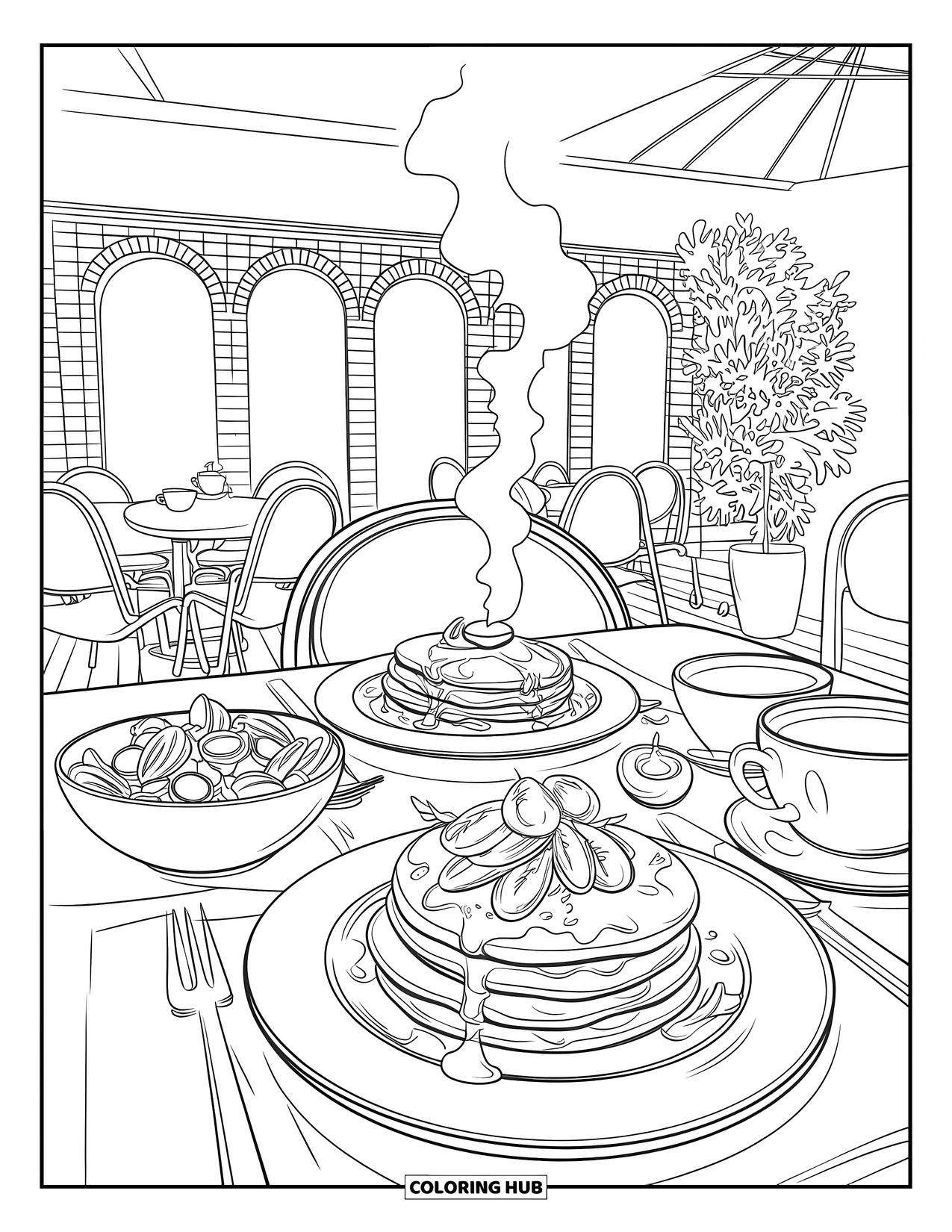 Coloriage de crêpe pour adultes : Un cadre de café en plein air pittoresque avec des crêpes, de la salade et une tasse de café