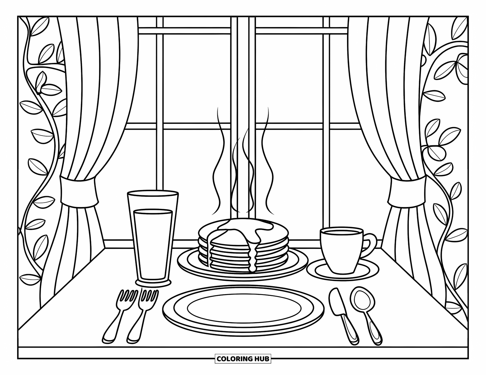 Coloriage de crêpe pour adultes : Une table de petit-déjeuner sereine avec des crêpes, du jus et du café près d’une fenêtre ensoleillée