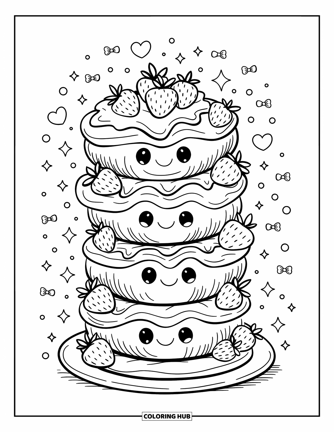 Coloriage de crêpe pour adultes : Une pile souriante de mini-crêpes avec des fraises, entourée d’étincelles et de minuscules nœuds