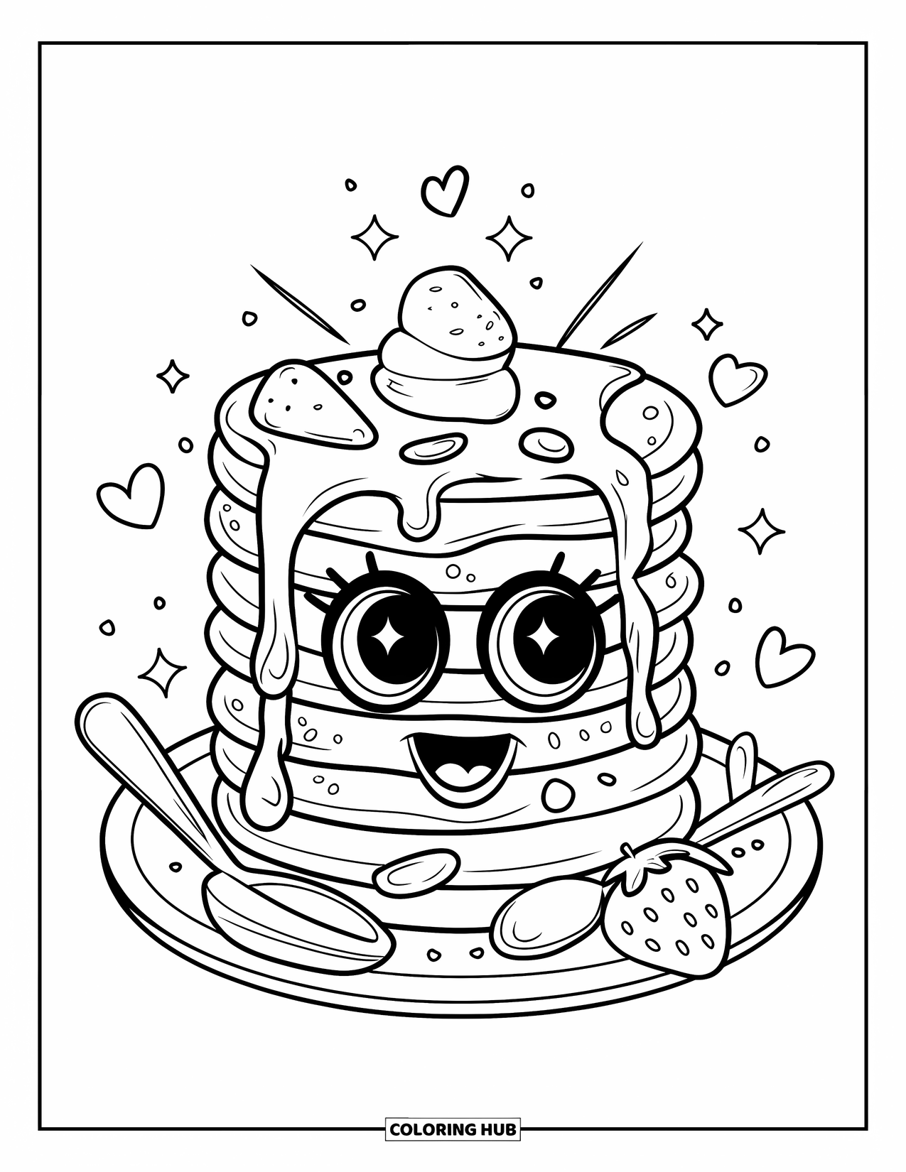 Coloriage de crêpe pour adultes : Une pile de crêpes souriante avec du beurre fondu, assise sur une assiette avec des cœurs et des étoiles