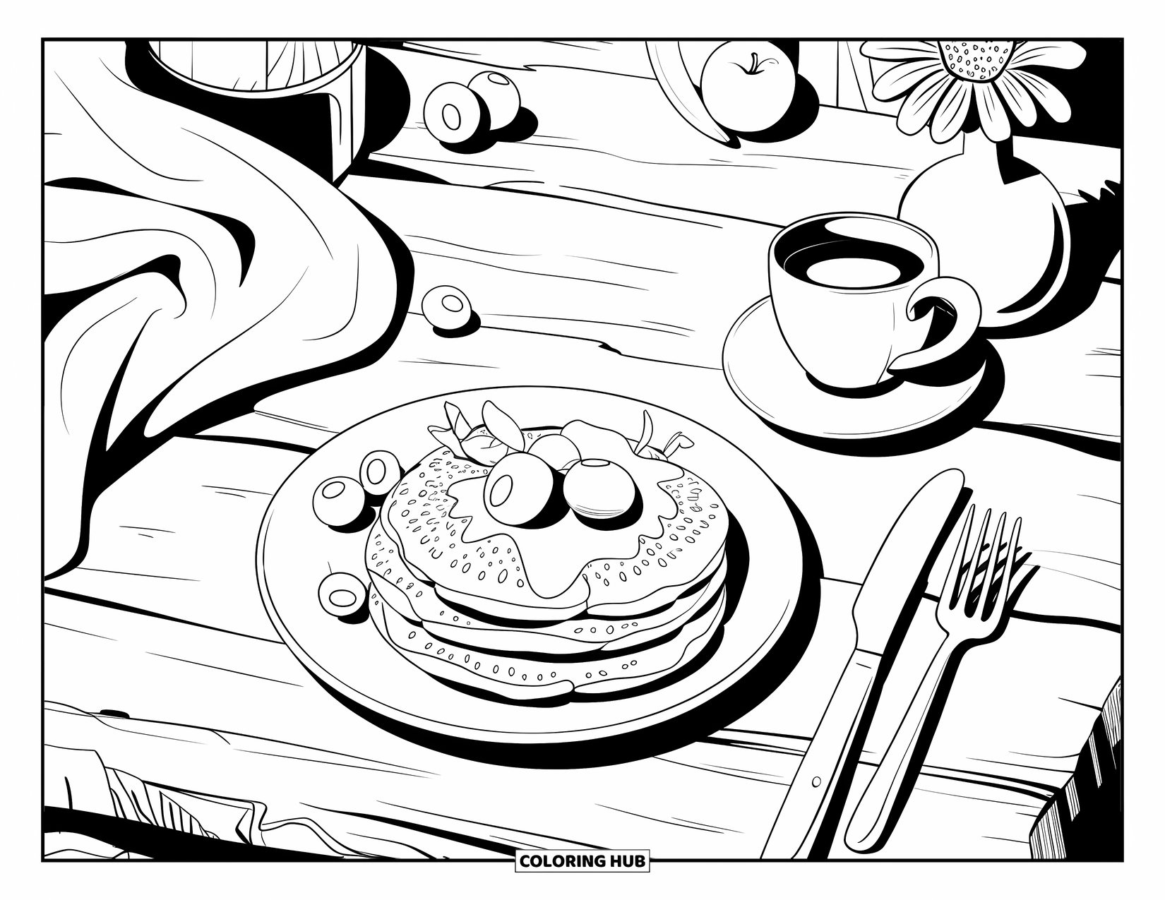 Coloriage de crêpe pour adultes : Une nature morte avec des crêpes, du café et un vase de fleurs sur une table