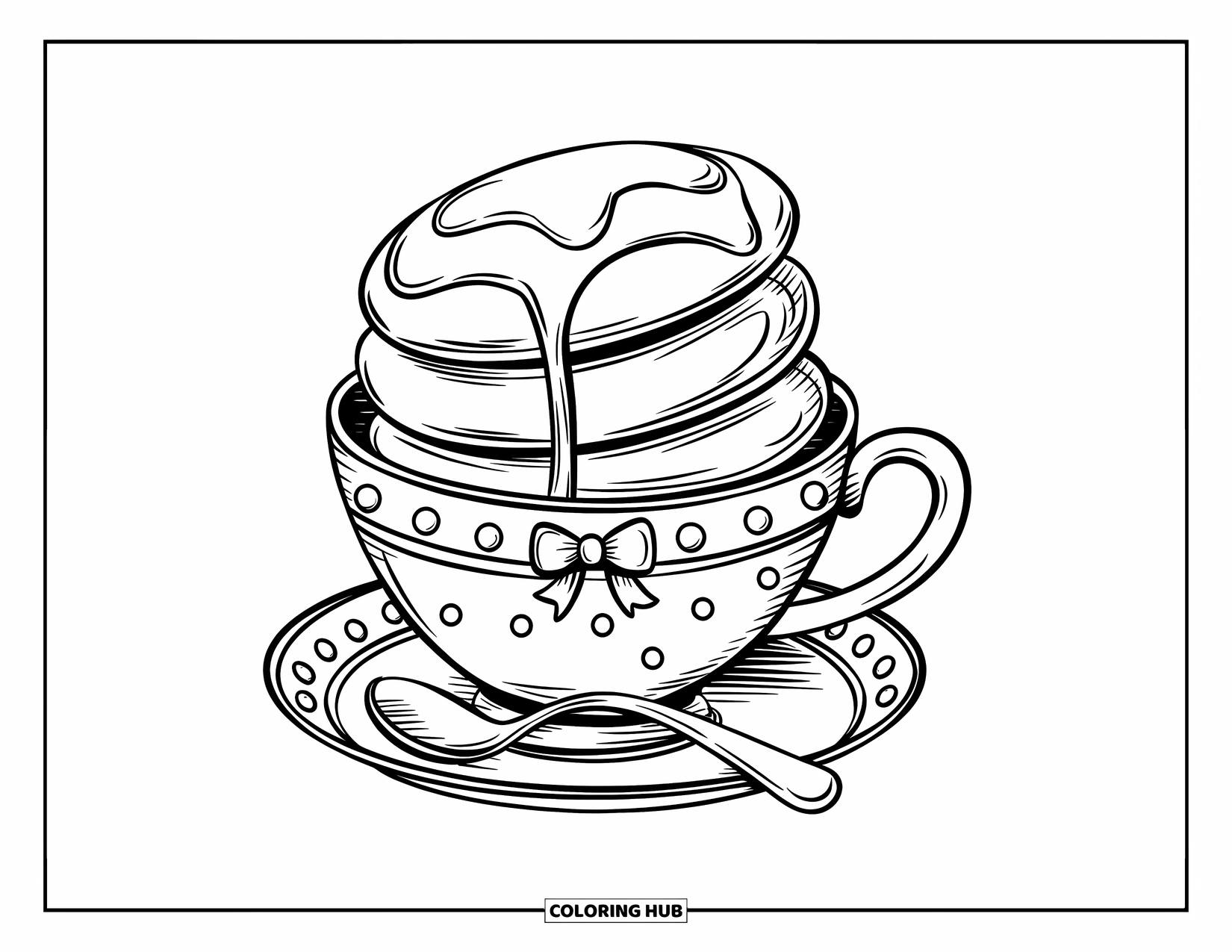 Coloriage de crêpe pour adultes : Une tasse de thé remplie de petites crêpes, décorée de jolis détails comme des nœuds et des points