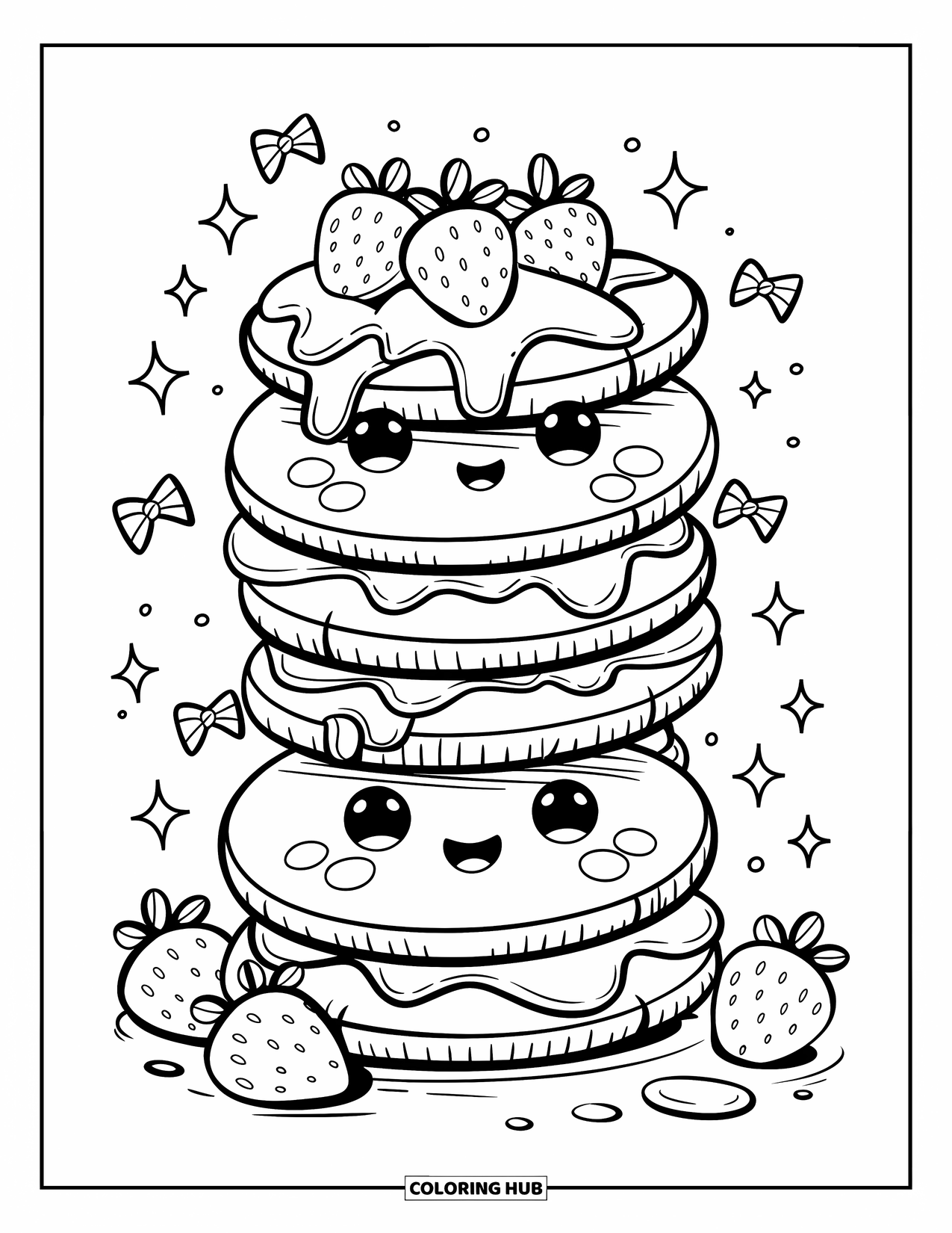 Coloriage de crêpe pour adultes : Une tour de mini-crêpes garnie de fraises et de crème fouettée, entourée de minuscules nœuds