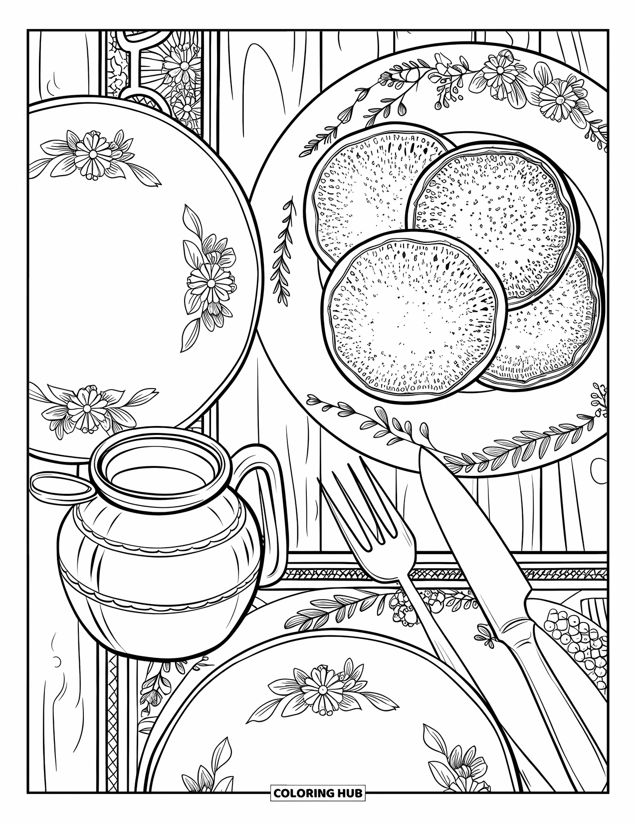 Coloriage de crêpe pour adultes : Une scène de petit-déjeuner vintage avec des assiettes florales, un vieux pot de sirop et des crêpes