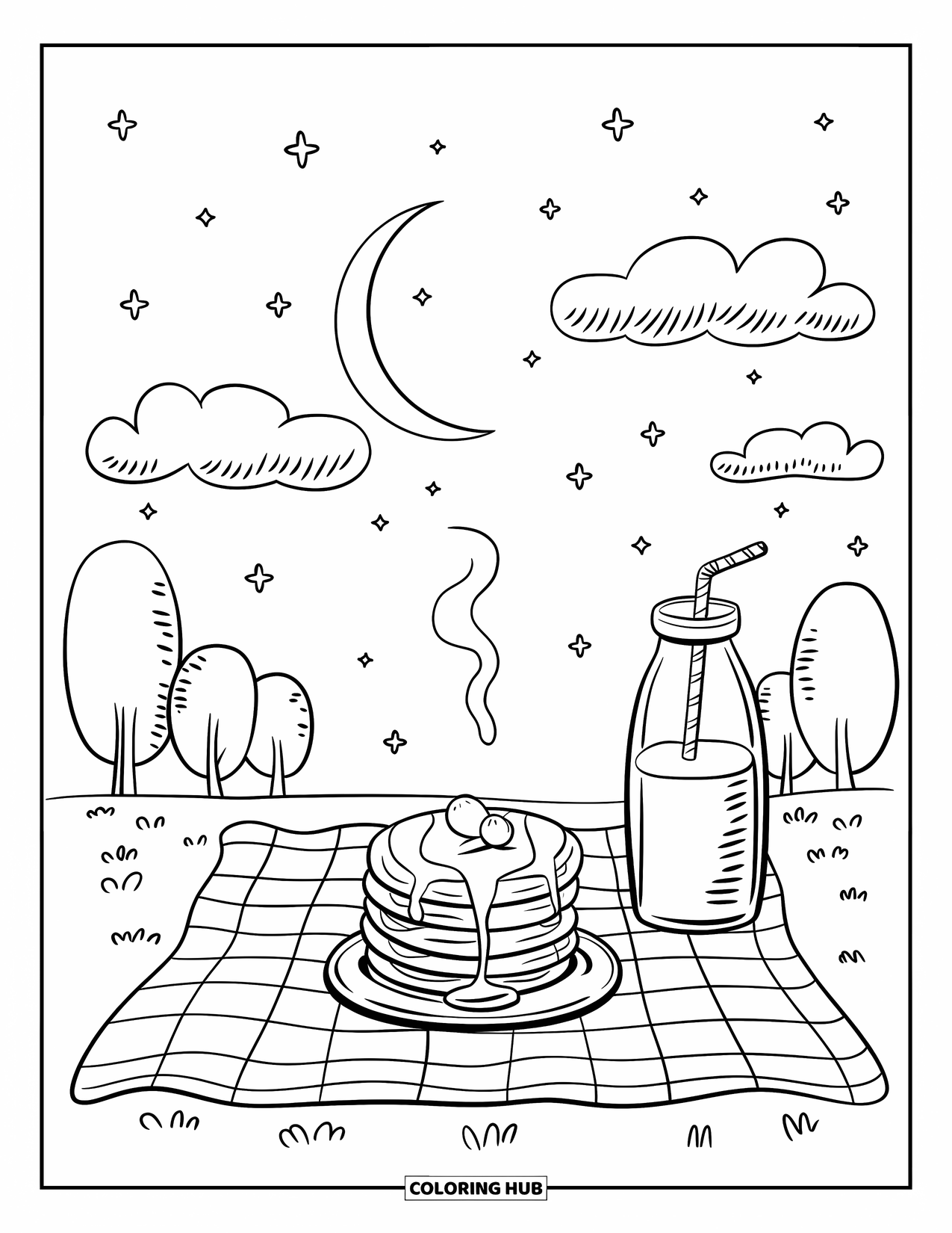 Coloriage de crêpe pour adultes : Un pique-nique nocturne fantaisiste avec une couverture à carreaux, des crêpes moelleuses et un ciel lumineux