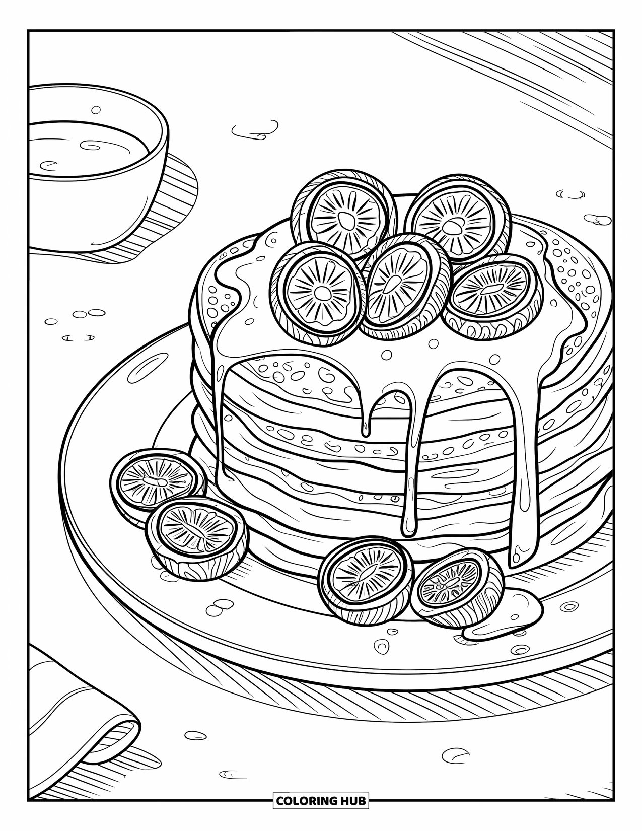 Coloriage de crêpe pour adultes : Une pile de crêpes artistique avec des motifs de sirop complexes et de délicates tranches de fruits