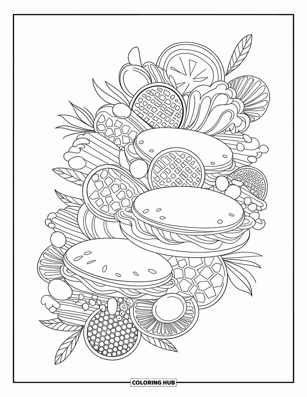 Coloriage de crêpe pour adultes : Une présentation élégante de garnitures de crêpes, y compris des fruits, des rayons de miel et de la crème fouettée