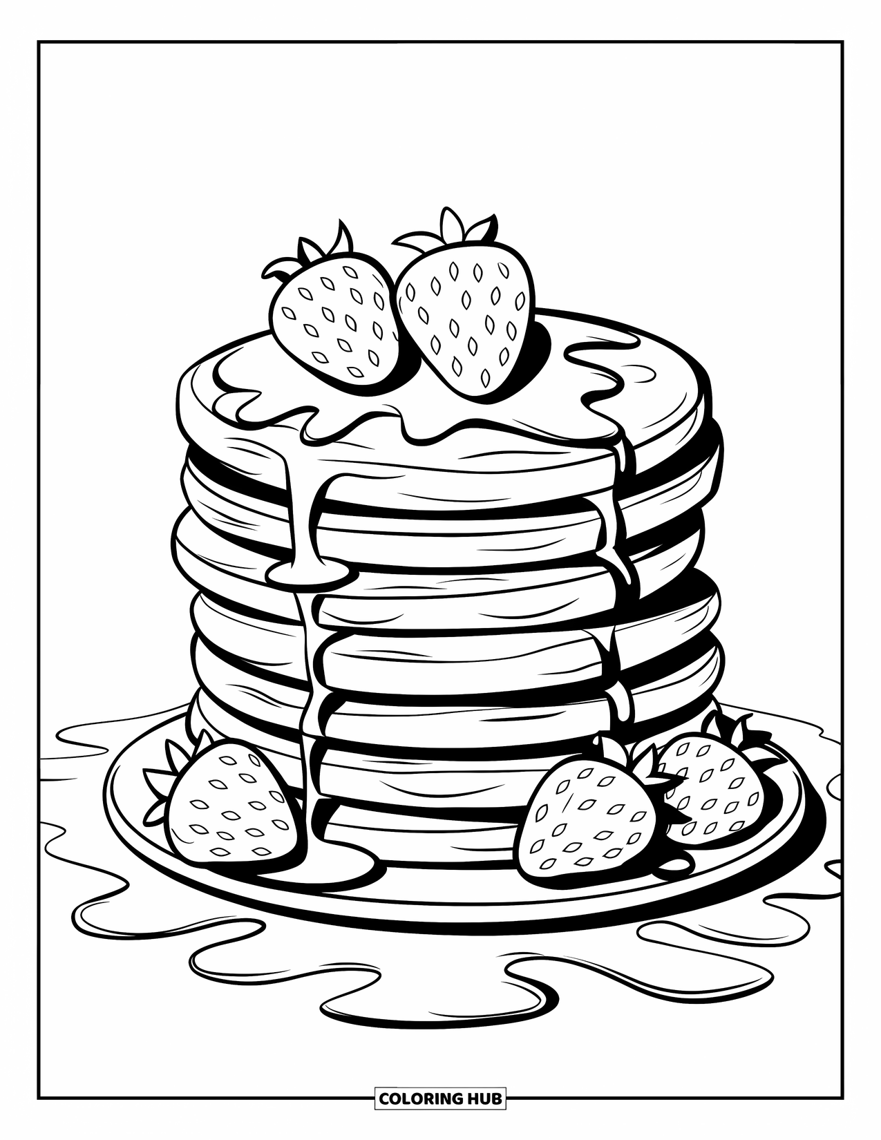Coloriage de crêpe pour enfants : Une pile de crêpes magnifiquement arrangée avec des fraises, des filets de sirop et des motifs ondulés