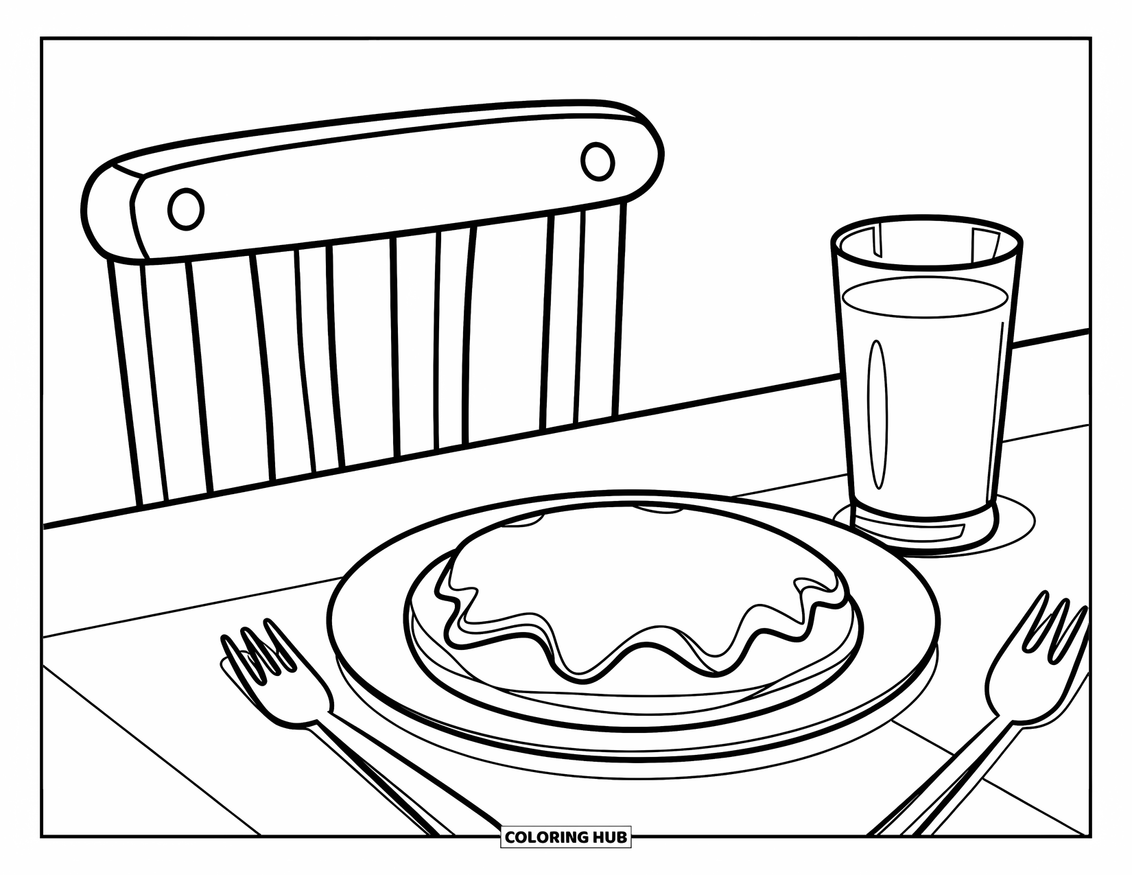 Coloriage de crêpe pour enfants : Une table de petit-déjeuner avec une crêpe, un verre de lait et une fourchette à côté d’une chaise