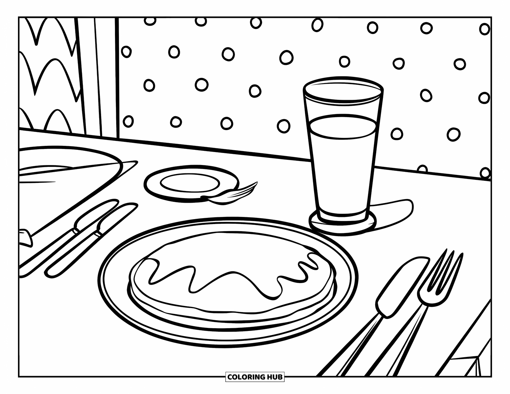 Coloriage de crêpe pour enfants : Une table de petit-déjeuner avec une crêpe, des ustensiles et un mur à motifs en arrière-plan
