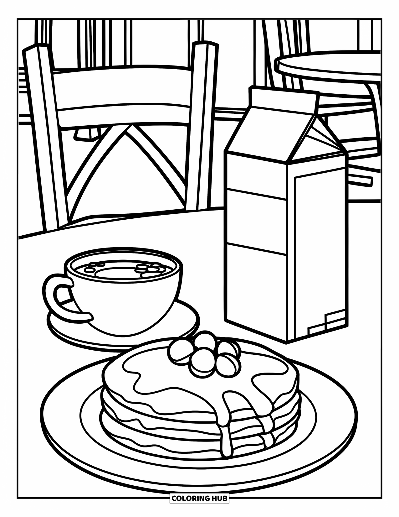 Coloriage de crêpe pour enfants : Une scène de café avec une assiette de crêpes, une tasse de café et un carton de lait