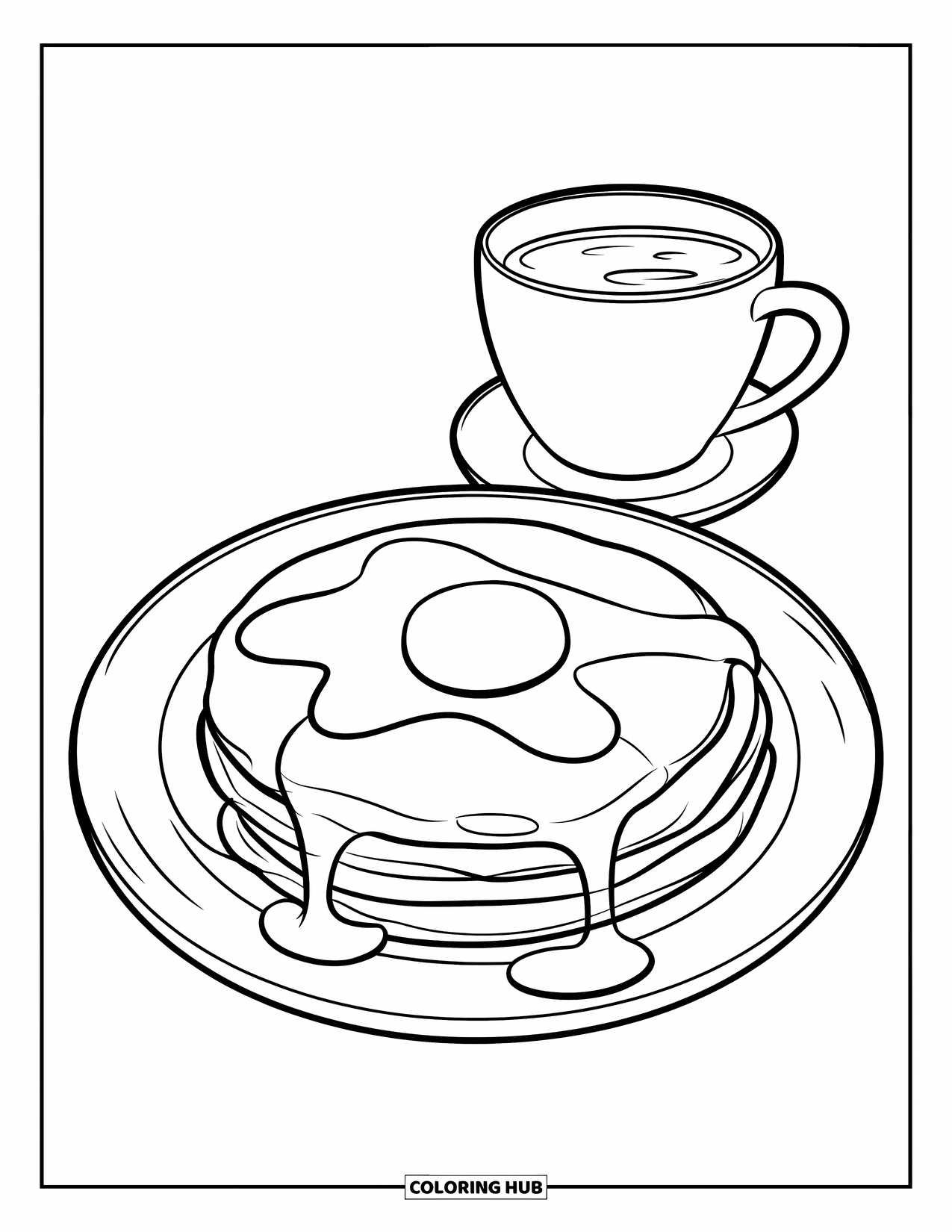 Coloriage de crêpe pour enfants : Une assiette de crêpes de style café avec du sirop dégoulinant sur les bords et une tasse de chocolat chaud