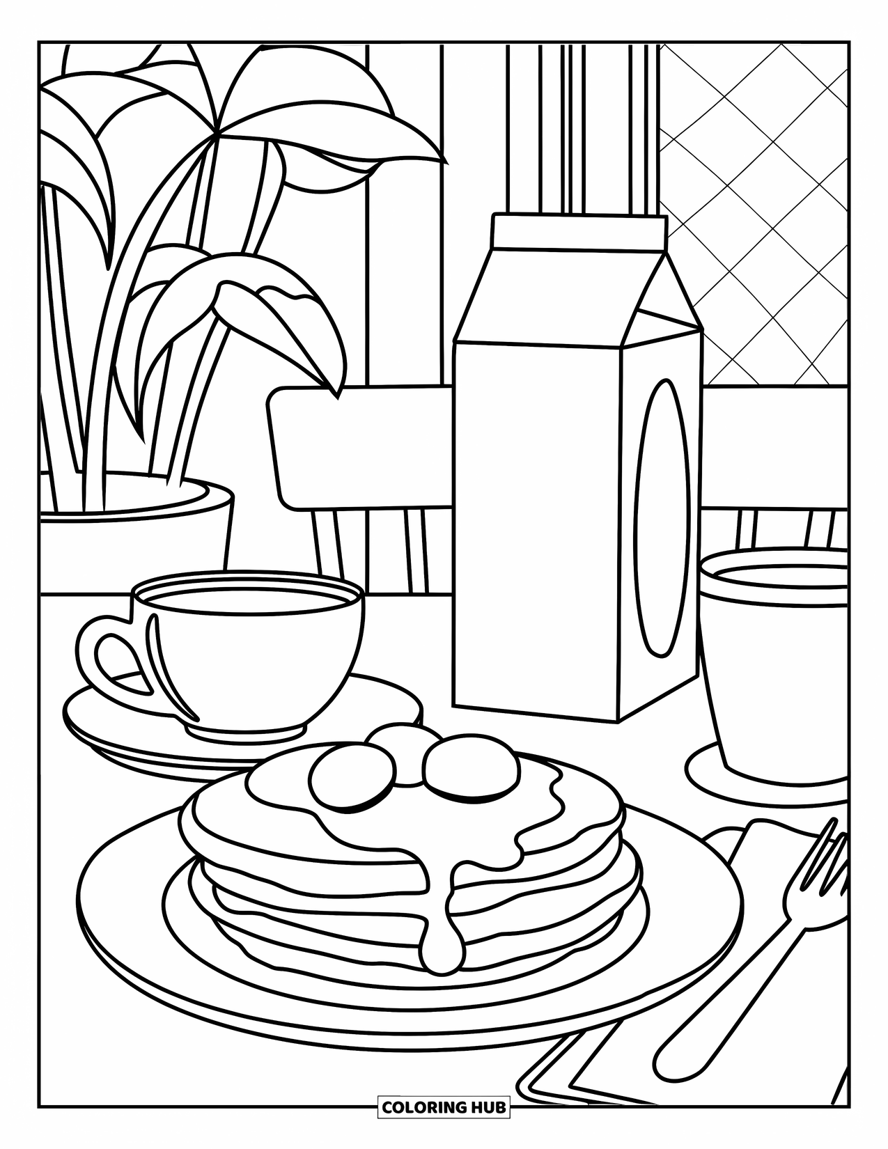 Coloriage de crêpe pour enfants : Une charmante illustration de café avec des crêpes, une tasse de café, une plante en pot et un mur à motifs
