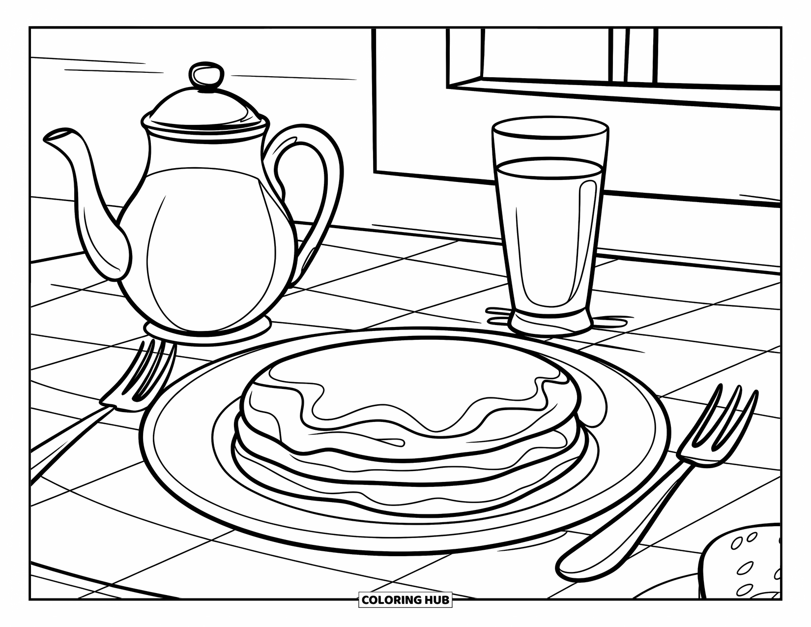 Coloriage de crêpe pour enfants : Une table de petit-déjeuner à carreaux avec une crêpe, une théière et une fenêtre en arrière-plan
