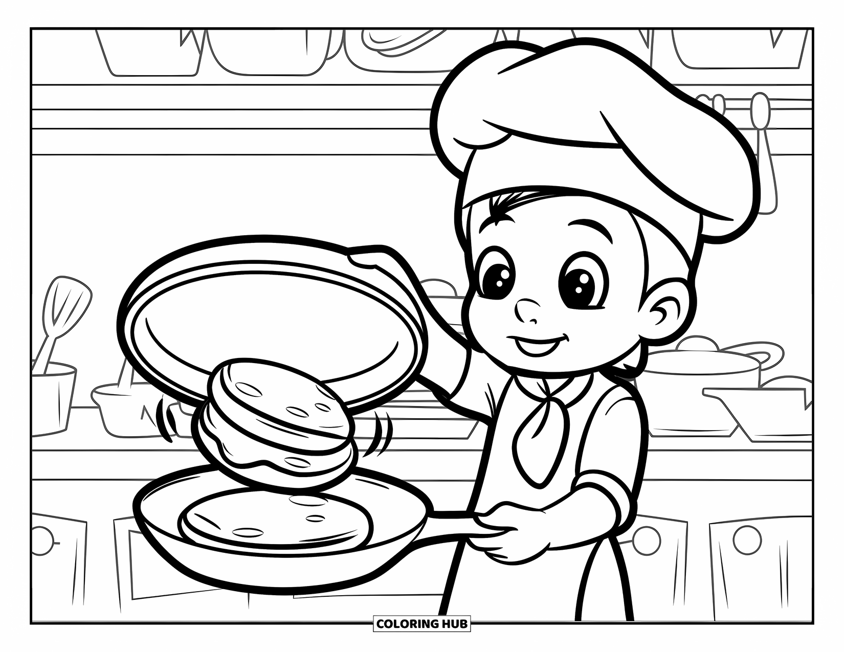 Coloriage de crêpe pour enfants : Un chef joyeux fait sauter une crêpe dans une poêle dans une cuisine animée