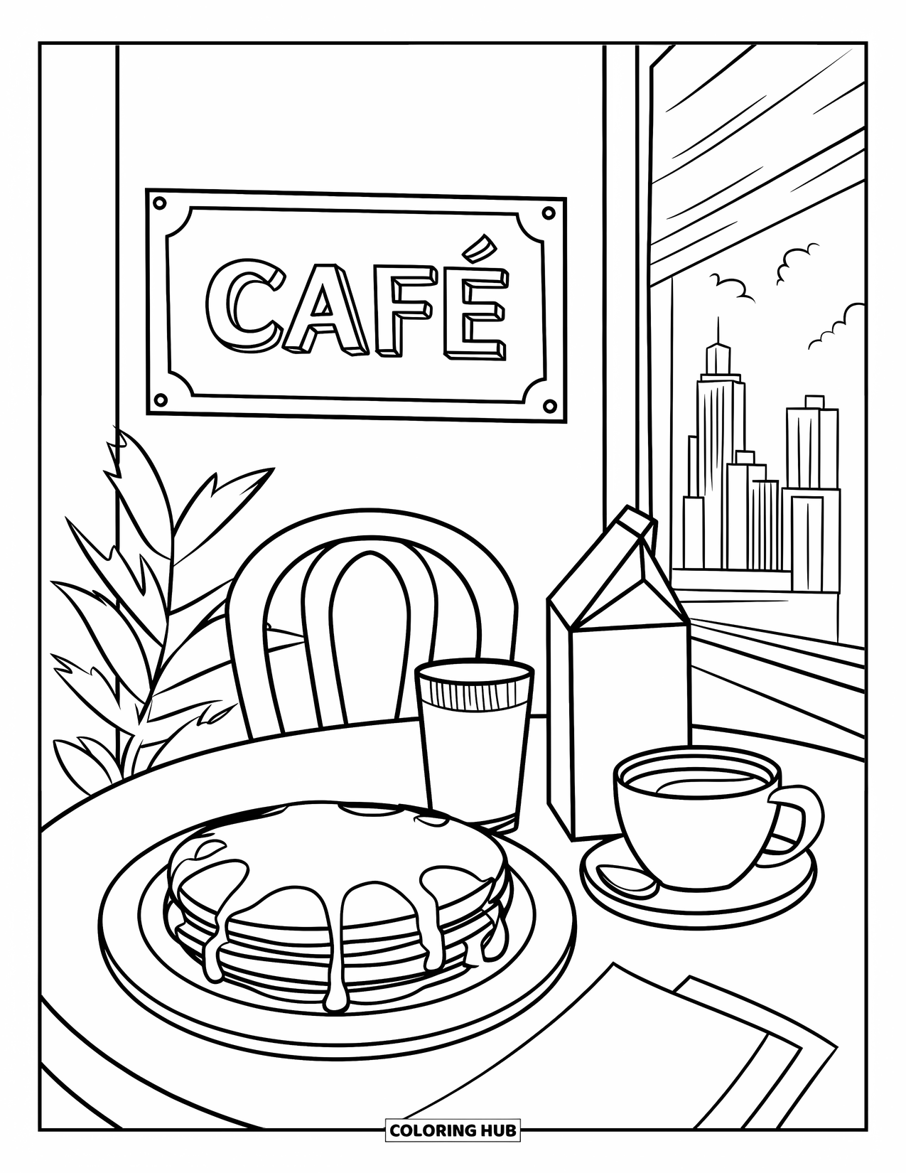 Coloriage de crêpe pour enfants : Une table de café chaleureuse avec des crêpes, du café et une fenêtre donnant sur les toits de la ville