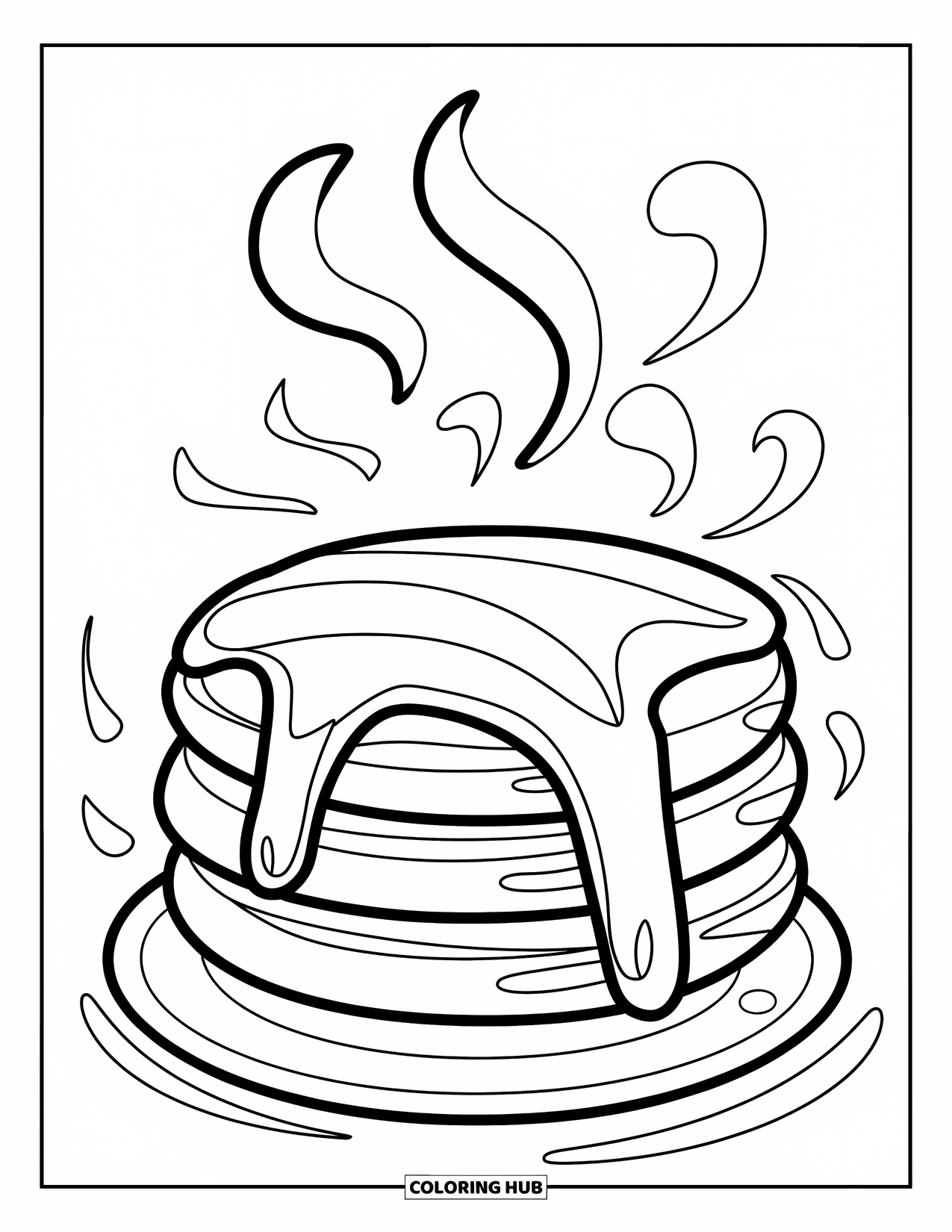 Coloriage de crêpe pour enfants : Une jolie pile de trois crêpes avec de la vapeur s’élevant du dessus