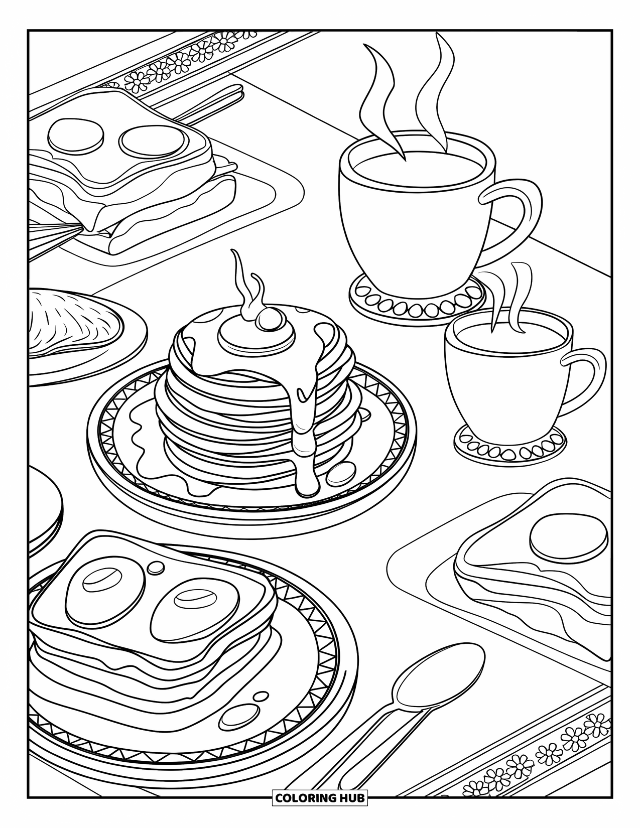 Coloriage de crêpe pour enfants : Une présentation décorative de petit-déjeuner avec des crêpes, du pain grillé, des œufs et une tasse fumante dans un style