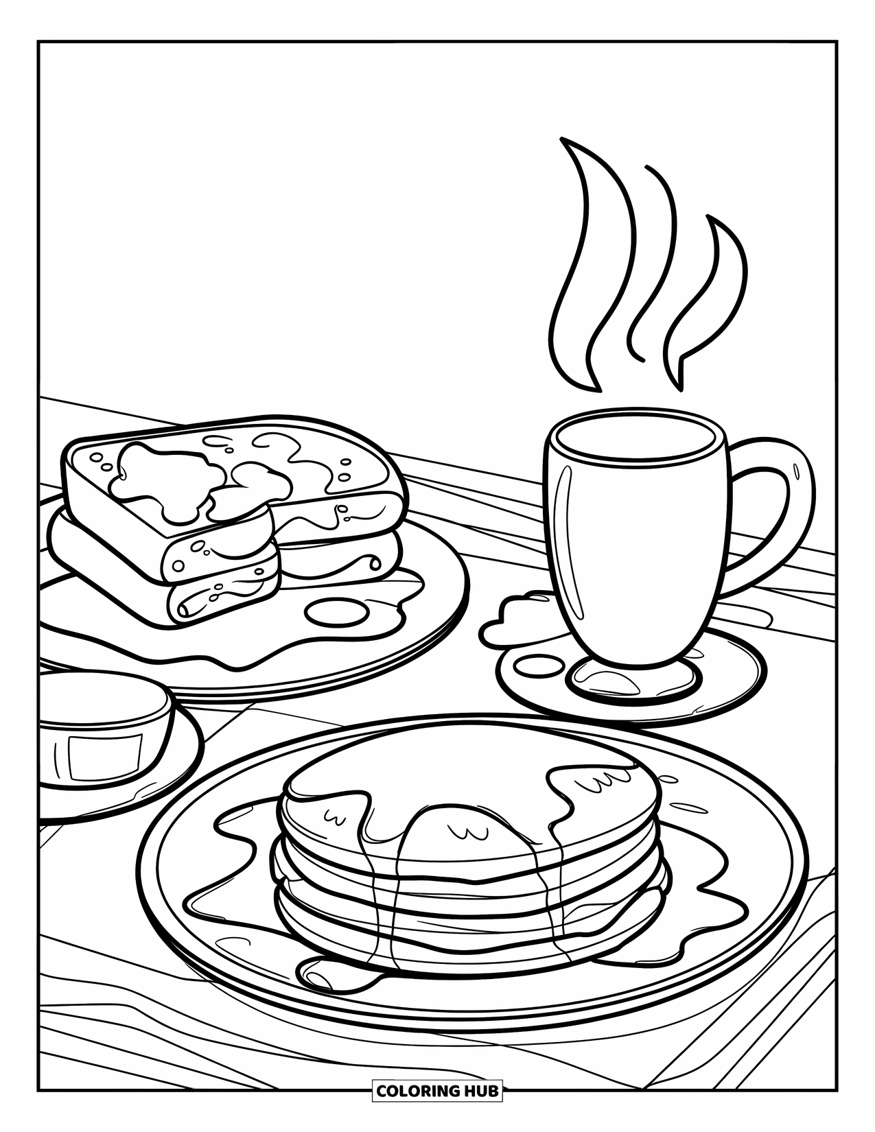 Coloriage de crêpe pour enfants : Une délicieuse scène de petit-déjeuner avec des crêpes, du pain grillé, des œufs et une tasse fumante, dessinée avec des contours audacieux