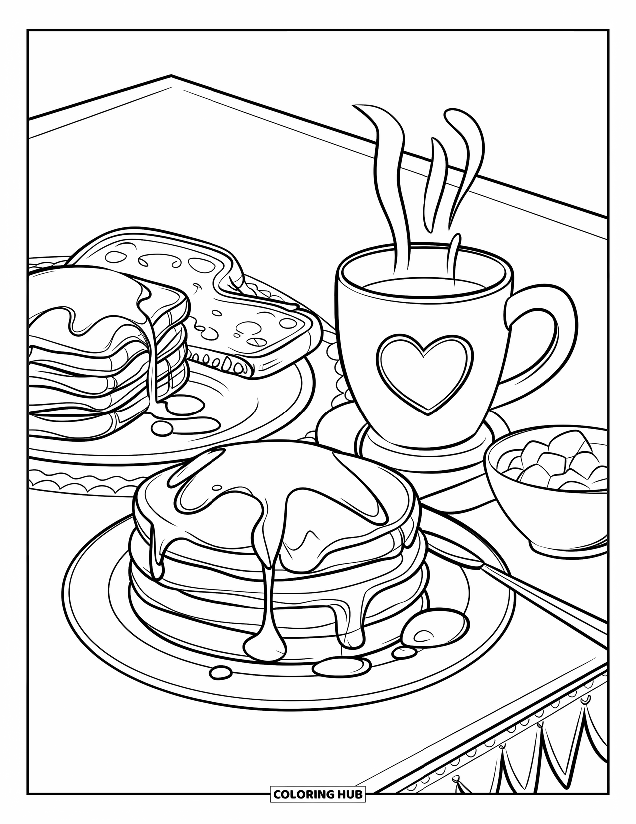 Coloriage de crêpe pour enfants : Une délicieuse préparation de petit-déjeuner avec des crêpes recouvertes de sirop, des œufs brouillés et une tasse de café chaleureuse