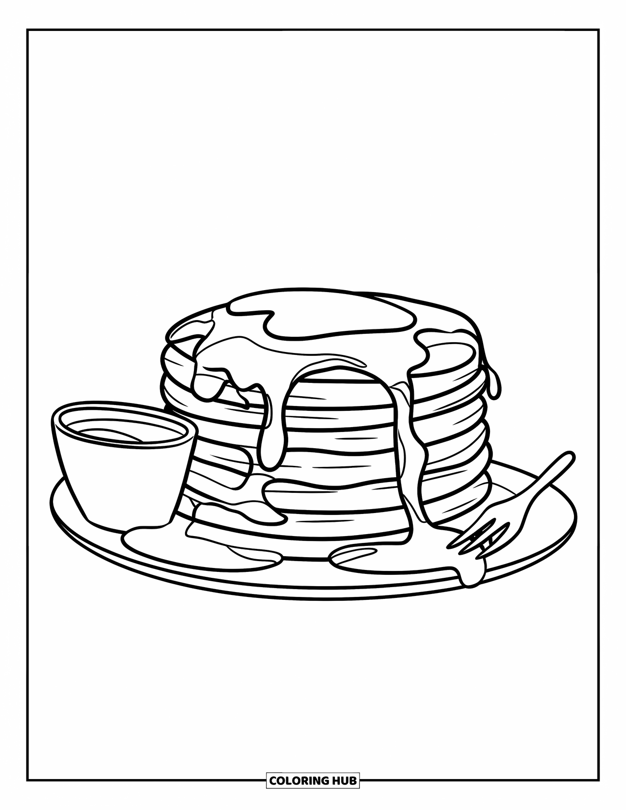 Coloriage de crêpe pour enfants : Une délicieuse assiette de crêpes avec du sirop dans un petit récipient, une fourchette et une présentation soignée