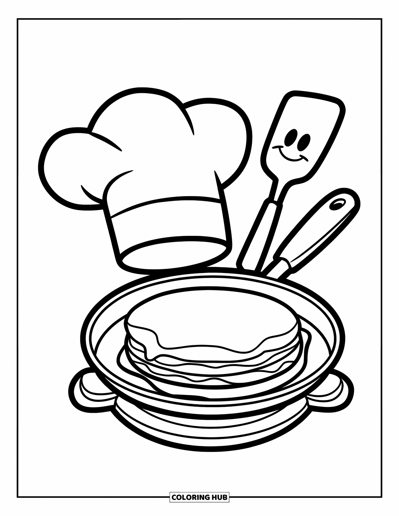 Coloriage de crêpe pour enfants : Une crêpe moelleuse dans une poêle avec un chapeau de chef souriant et une spatule