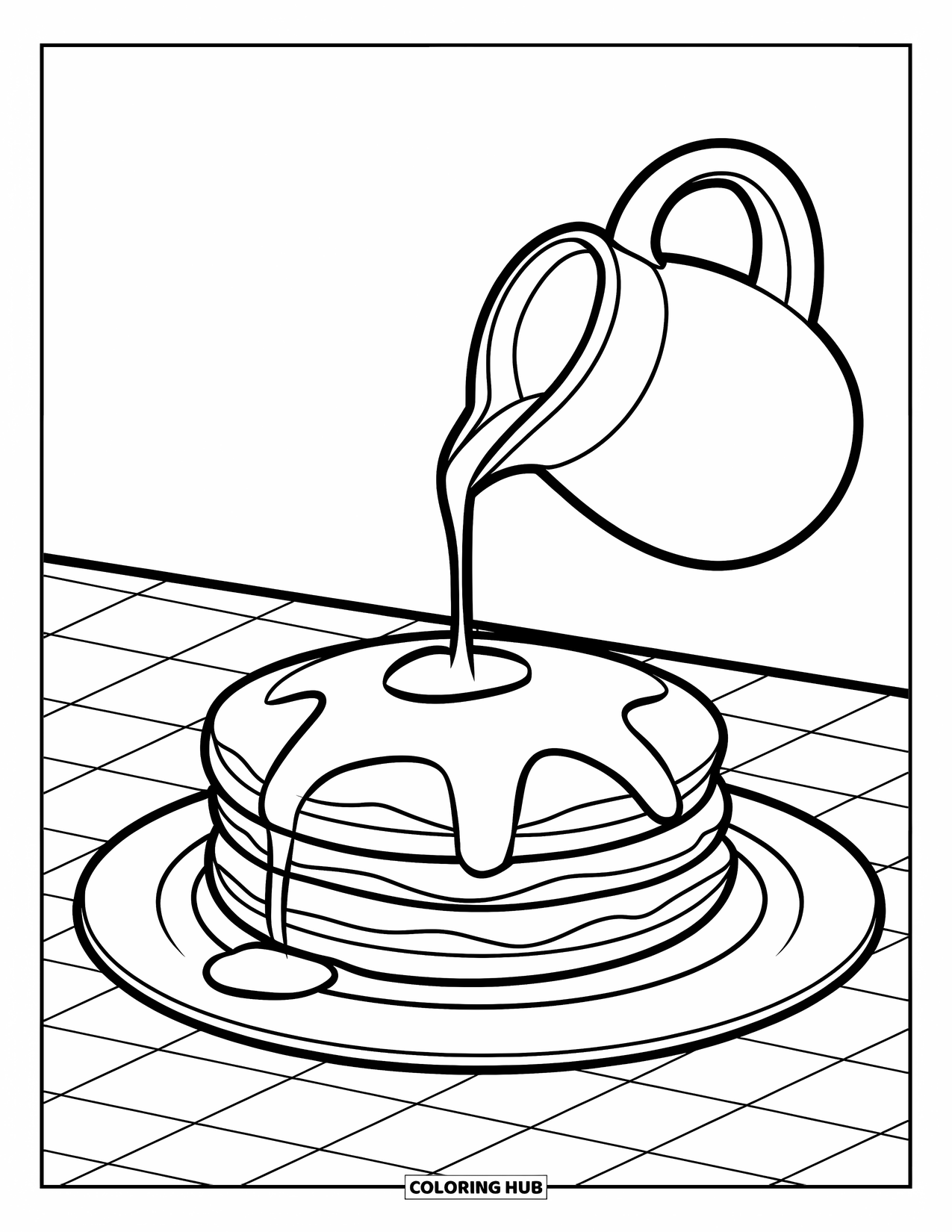 Coloriage de crêpe pour enfants : Une pile de crêpes moelleuses sur une table à carreaux avec du sirop coulant d’un pichet