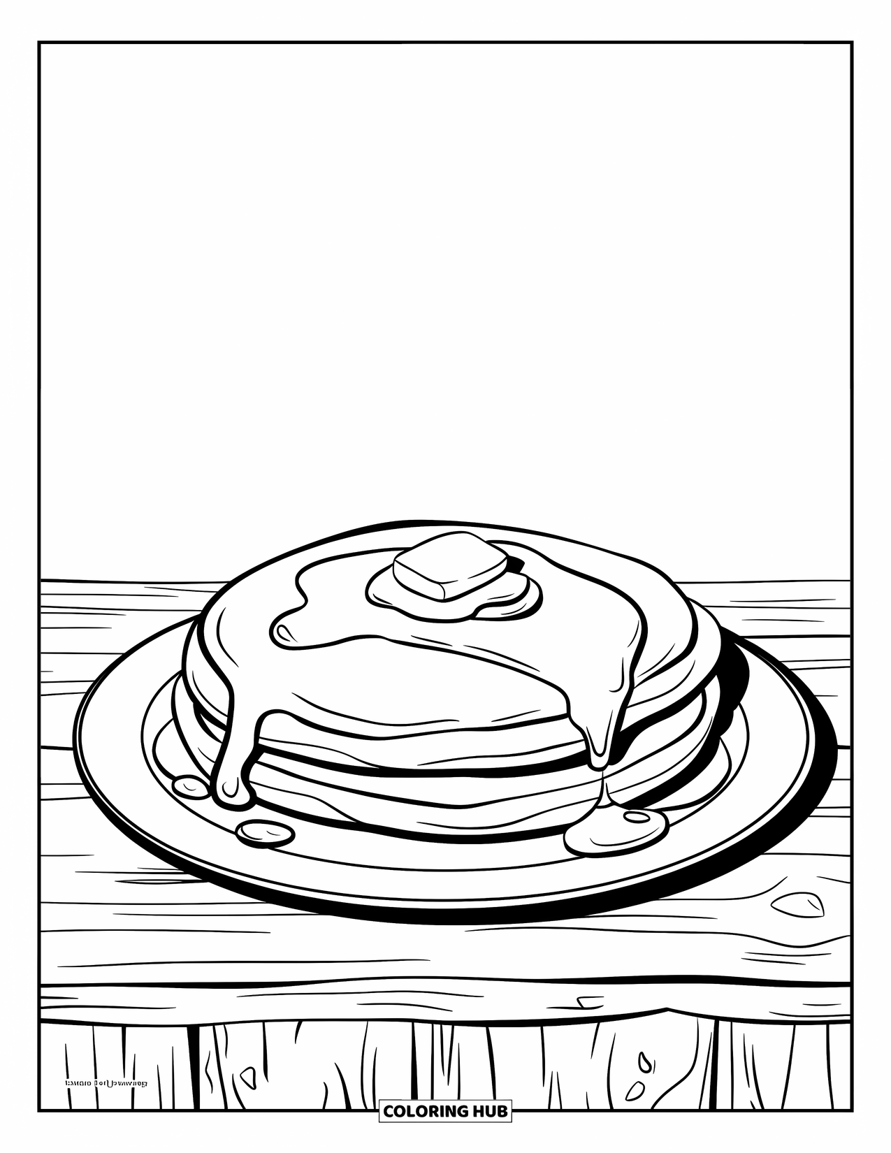 Coloriage de crêpe pour enfants : Une crêpe moelleuse avec du beurre sur le dessus et du sirop dégoulinant sur une table en bois