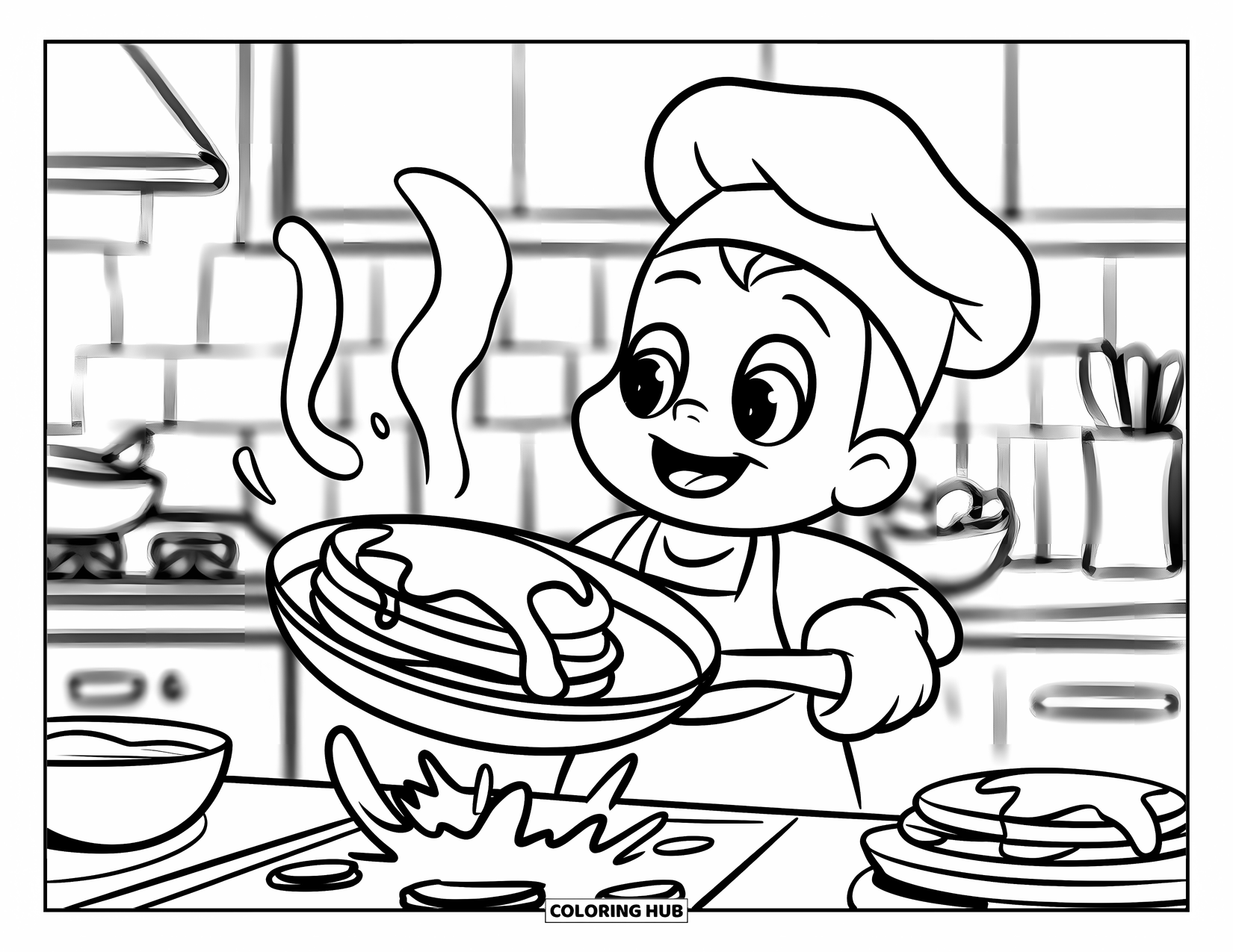 Coloriage de crêpe pour enfants : Un chef heureux avec un chapeau et un tablier retourne une crêpe moelleuse avec une mitaine de four