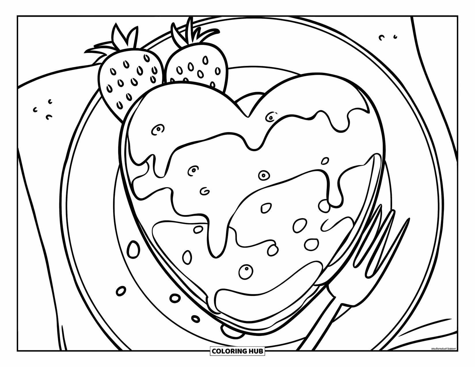 Coloriage de crêpe pour enfants : Une crêpe en forme de cœur avec du sirop et des fraises sur une assiette avec un motif à pois