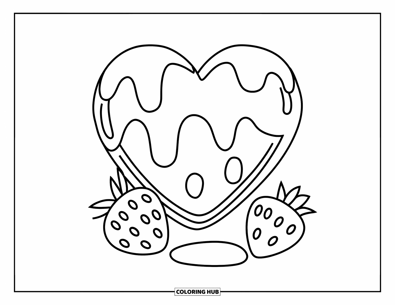 Coloriage de crêpe pour enfants : Une crêpe en forme de cœur avec du sirop et des fraises placées à côté