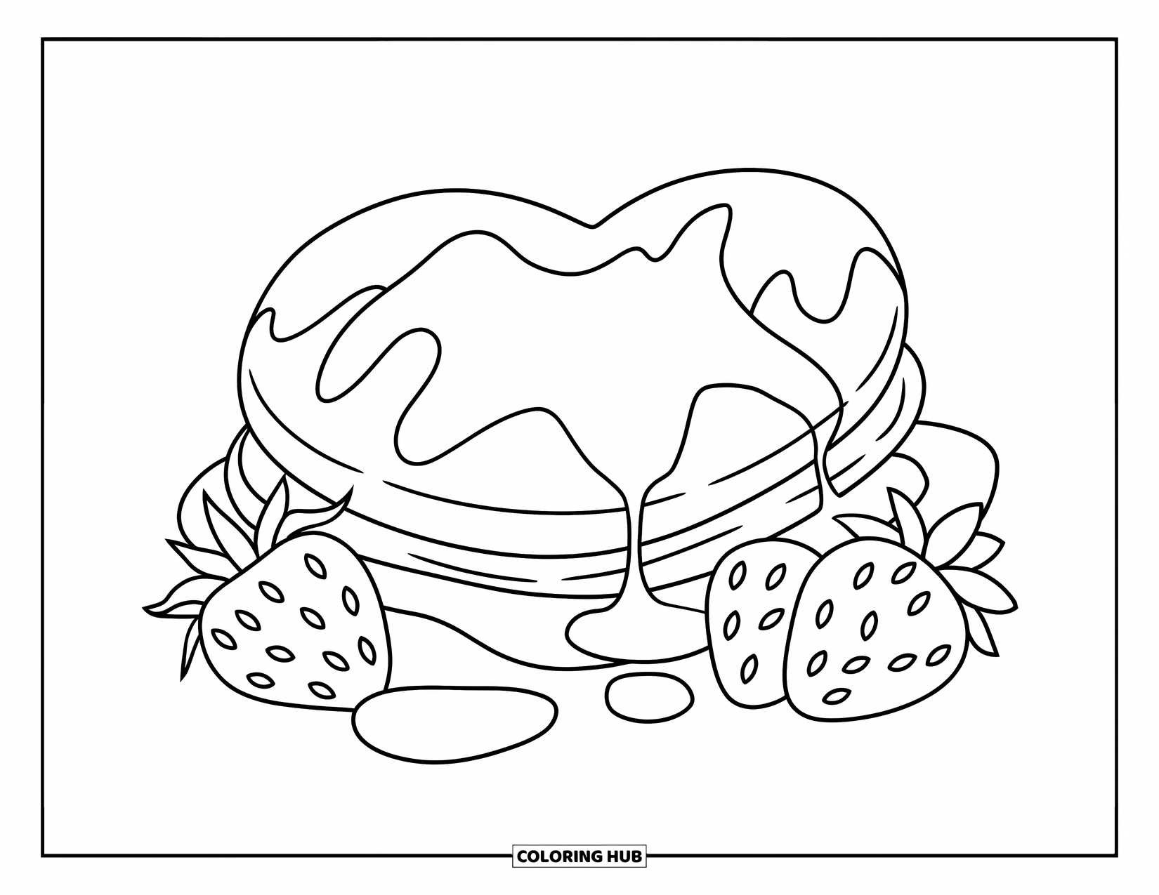 Coloriage de crêpe pour enfants : Une crêpe en forme de cœur avec du sirop dégoulinant et des fraises sur le côté