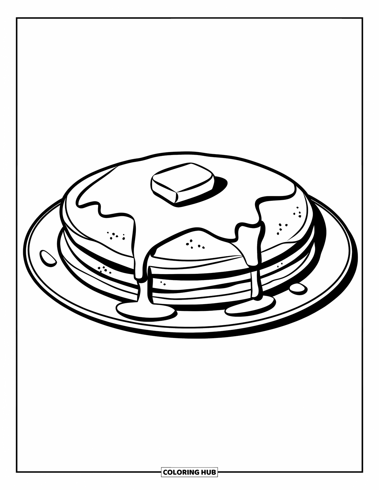 Coloriage de crêpe pour enfants : Une grande crêpe sur une assiette avec du beurre fondu et du sirop dégoulinant sur les côtés