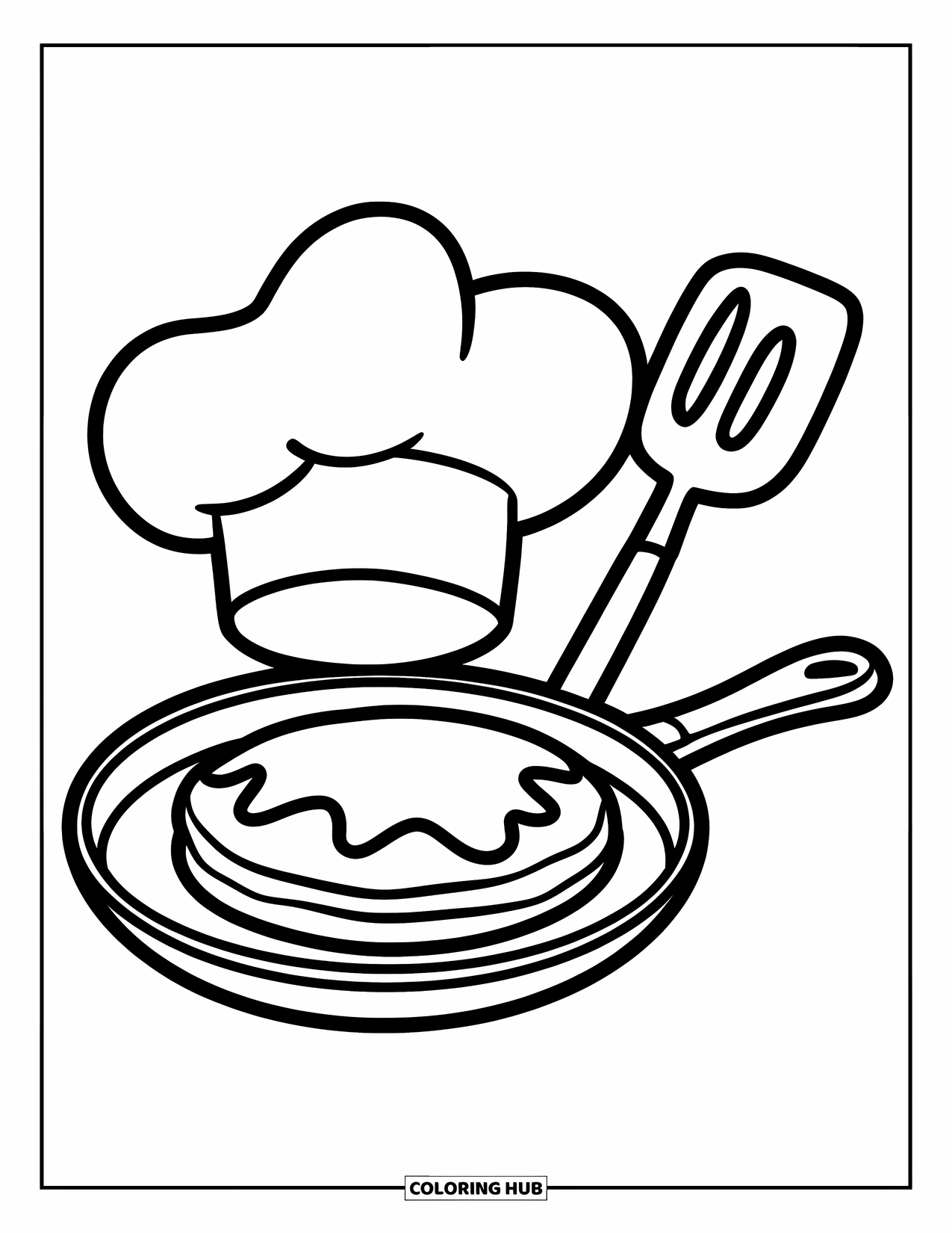 Coloriage de crêpe pour enfants : Un grand chapeau de chef souriant et une spatule à côté d’une crêpe dans une poêle
