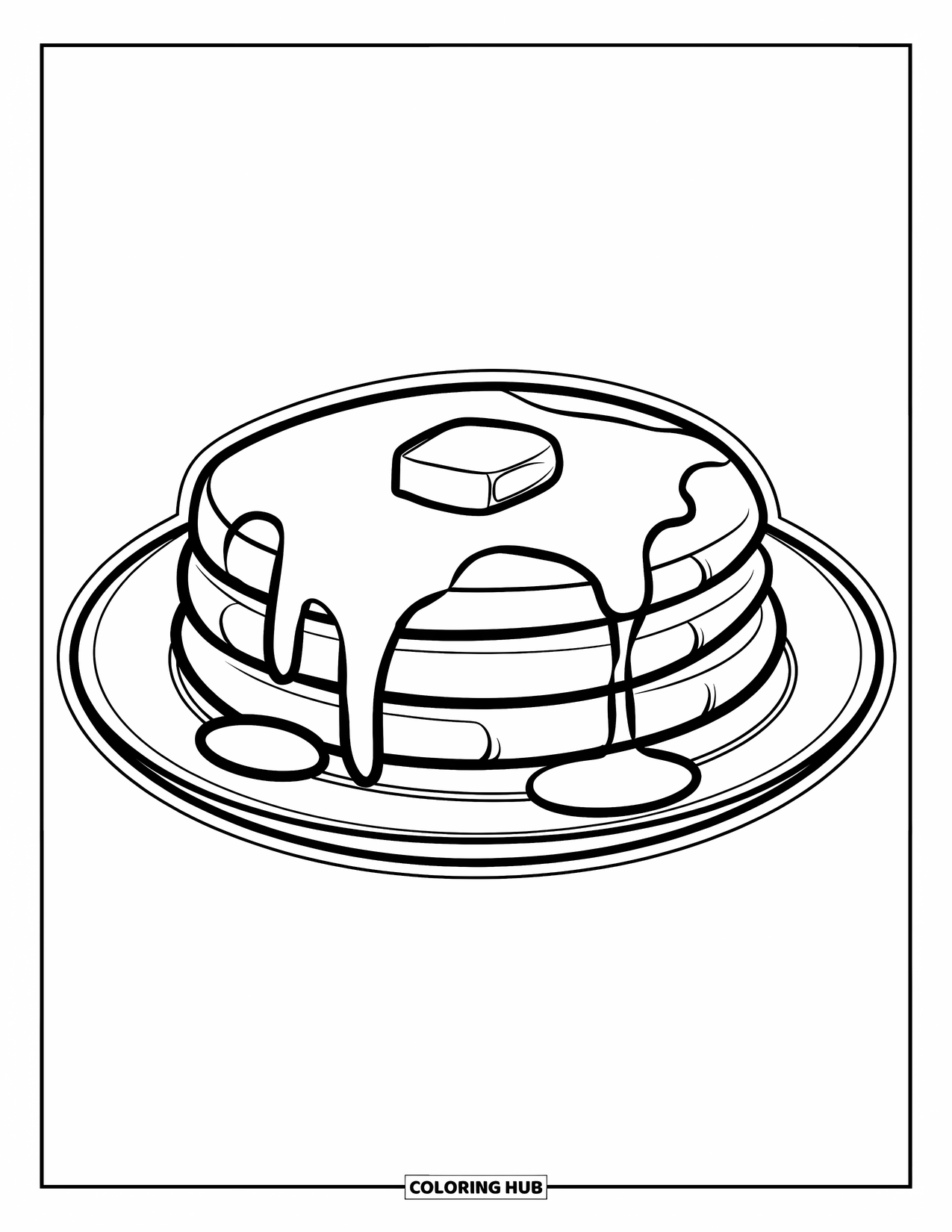 Coloriage de crêpe pour enfants : Une crêpe sur une assiette avec du beurre fondu et du sirop coulant sur les côtés