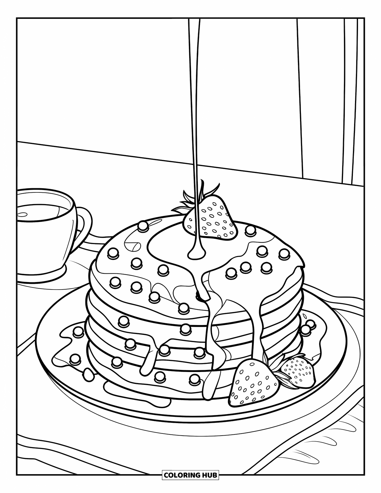 Coloriage de crêpe pour enfants : Une pile de crêpes sur une assiette avec des pépites de chocolat, des fraises et un récipient à sirop