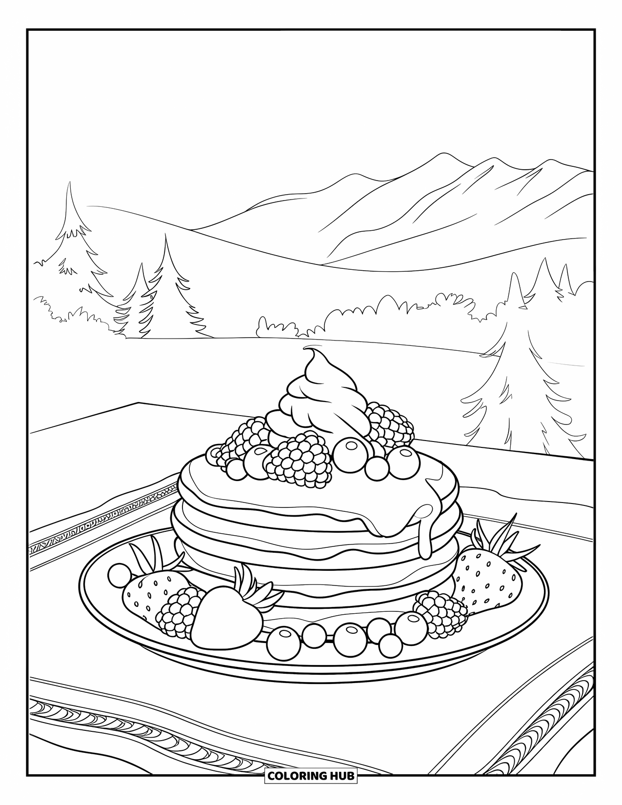 Coloriage de crêpe pour enfants : Une pile de crêpes avec des arrangements de fruits élégants, de la crème fouettée et un fond pittoresque de montagnes et d’arbres