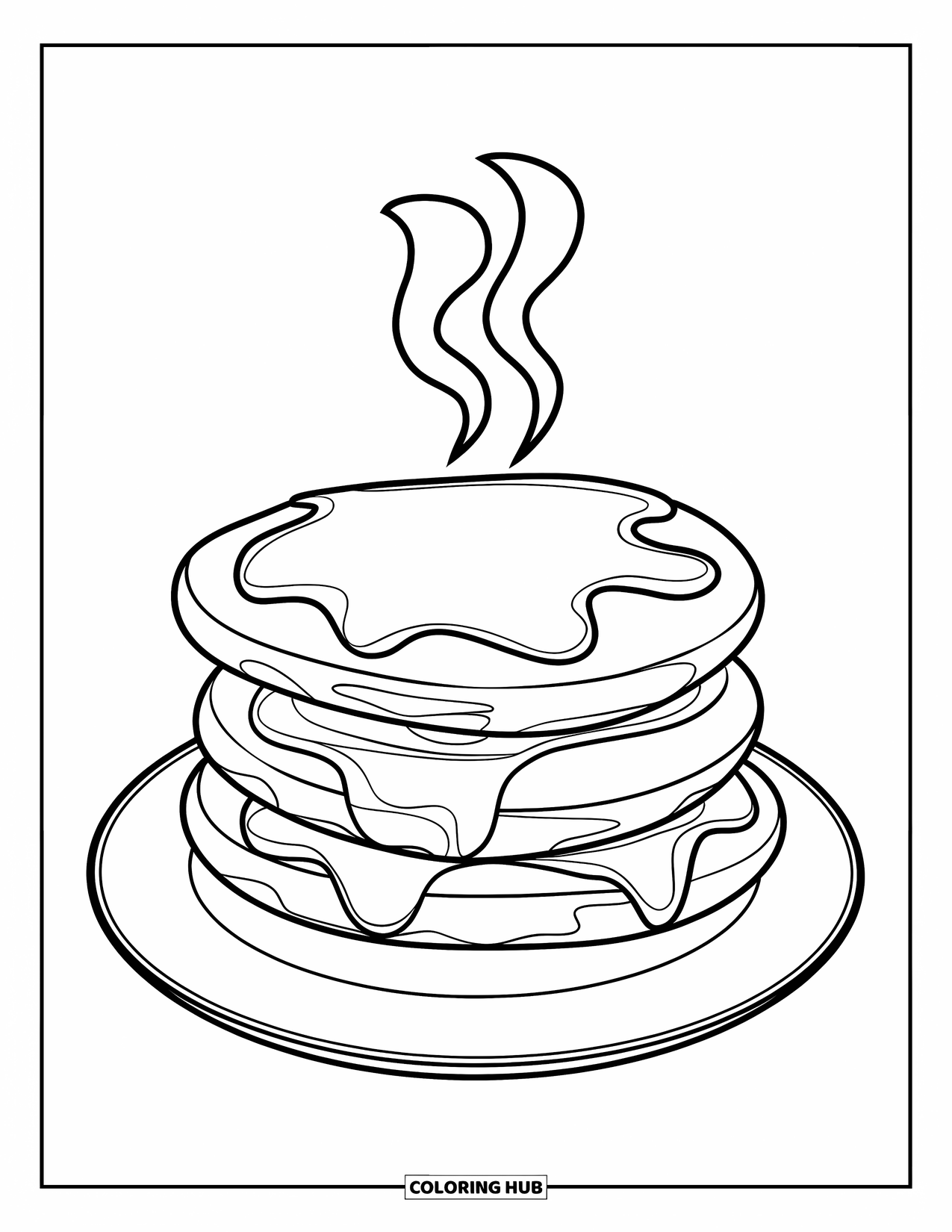 Coloriage de crêpe pour enfants : Une assiette de trois crêpes avec de la vapeur s’élevant de la crêpe du dessus