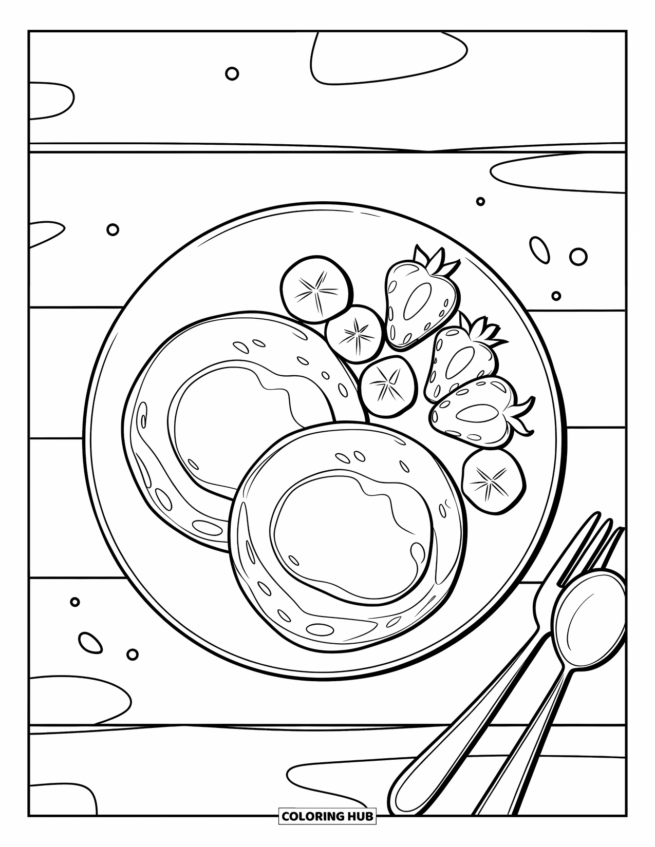 Coloriage de crêpe pour enfants : Une assiette avec des crêpes, des bananes et des fraises, placée sur une surface en bois avec des ustensiles