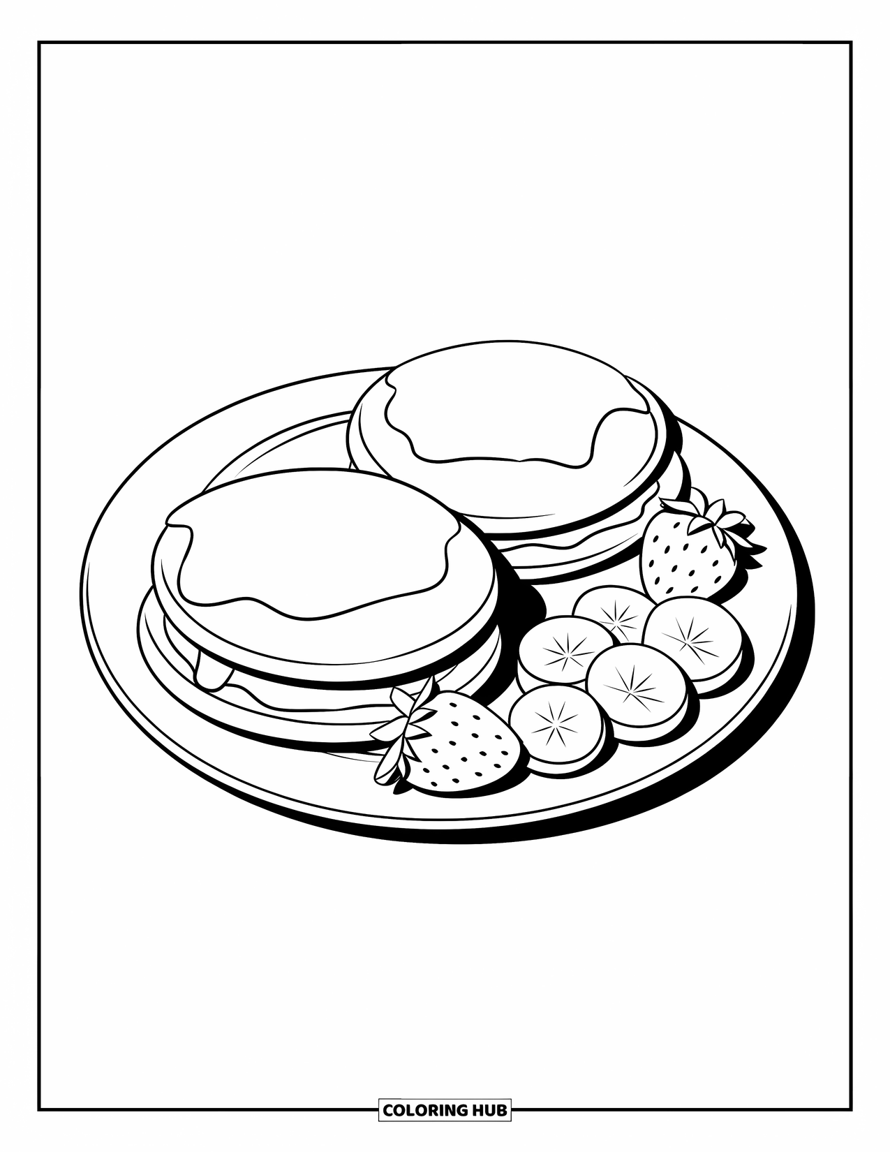 Coloriage de crêpe pour enfants : Une assiette avec deux crêpes moelleuses, des bananes et des fraises, prêtes à être dégustées
