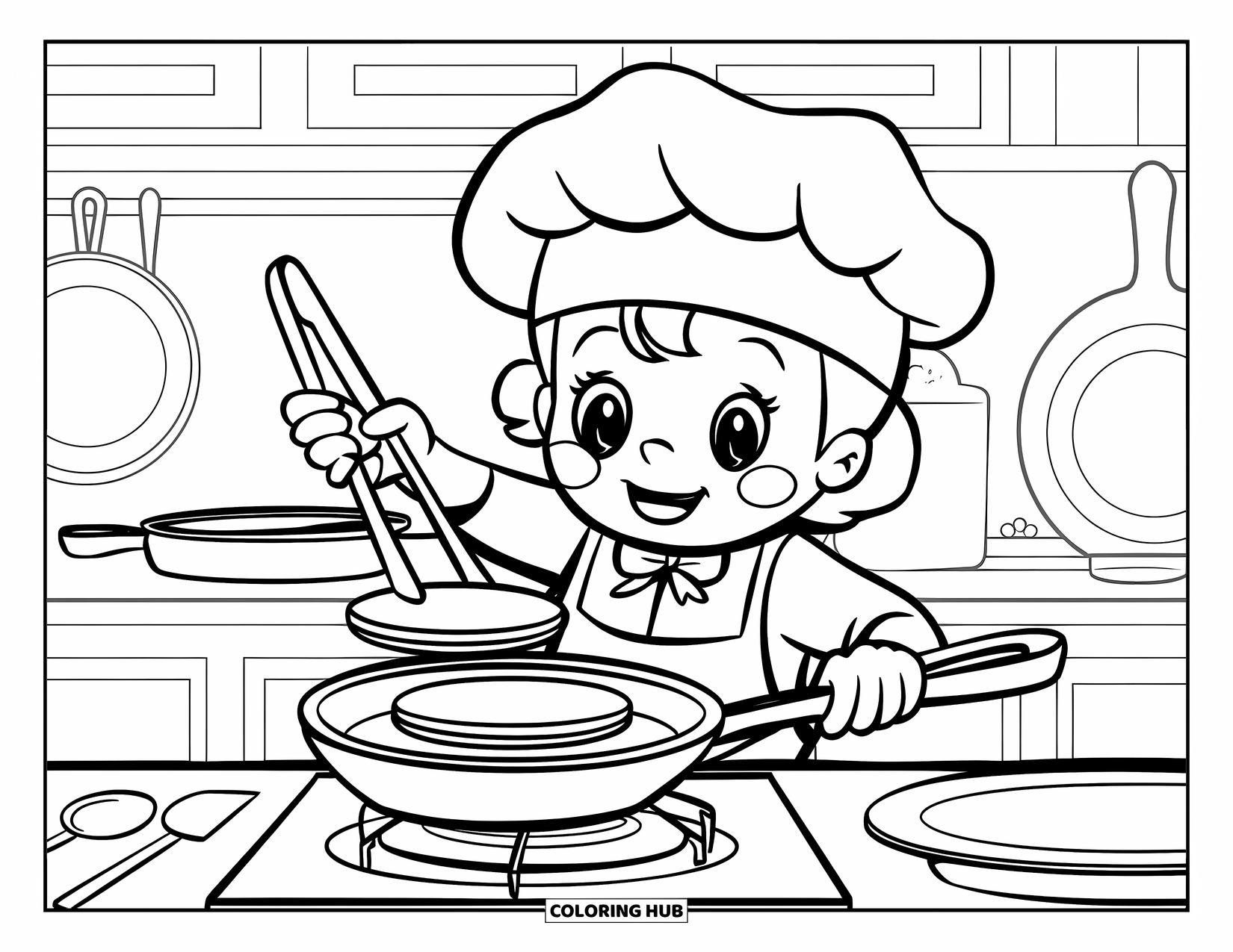 Coloriage de crêpe pour enfants : Un chef souriant avec un chapeau et un tablier fait sauter une crêpe dans une cuisine