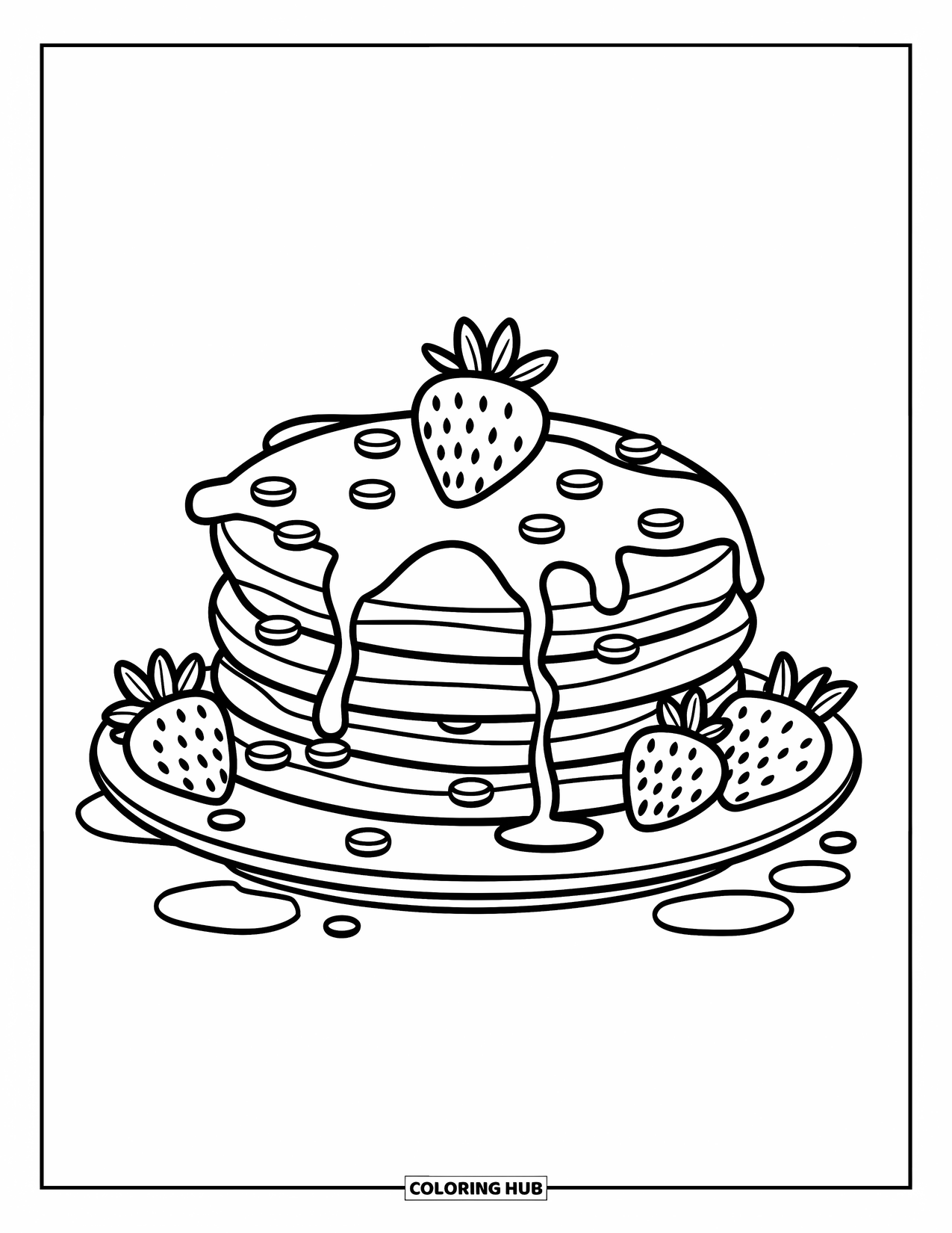 Coloriage de crêpe pour enfants : Une pile de crêpes avec du sirop dégoulinant sur les côtés, garnie de fraises
