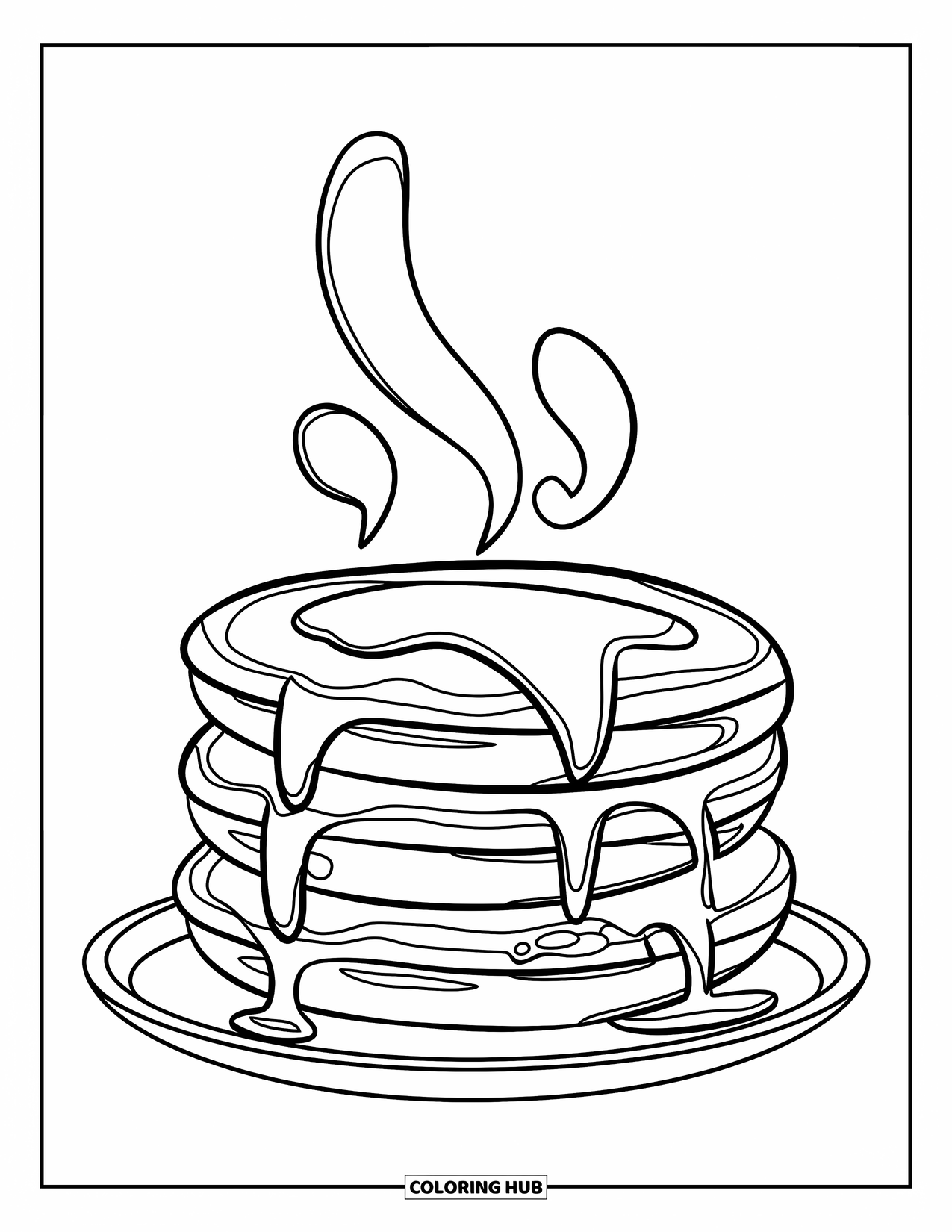 Coloriage de crêpe pour enfants : Une pile fumante de trois crêpes avec des lignes épaisses et audacieuses