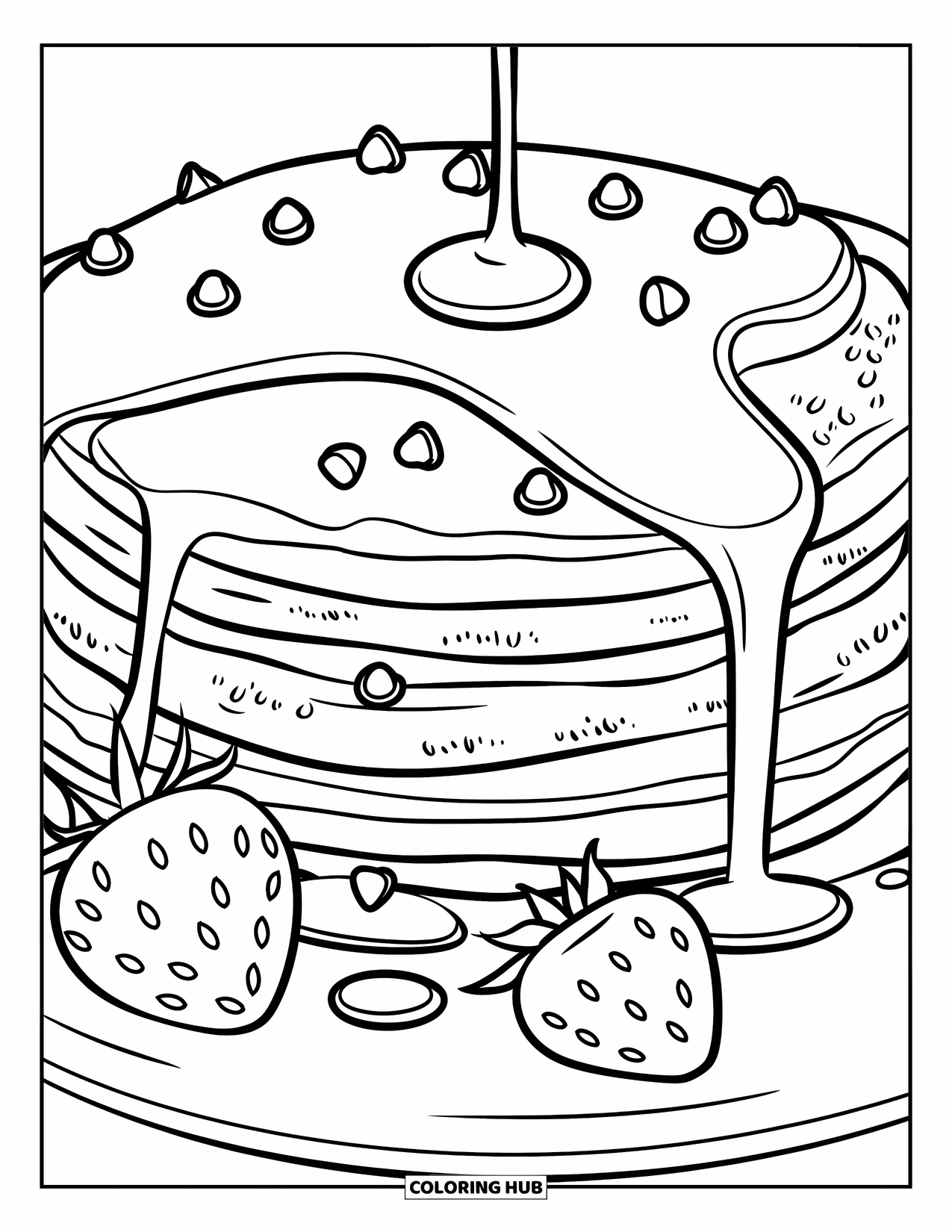 Coloriage de crêpe pour enfants : Une haute pile de crêpes avec des pépites de chocolat, des fraises et du sirop dégoulinant