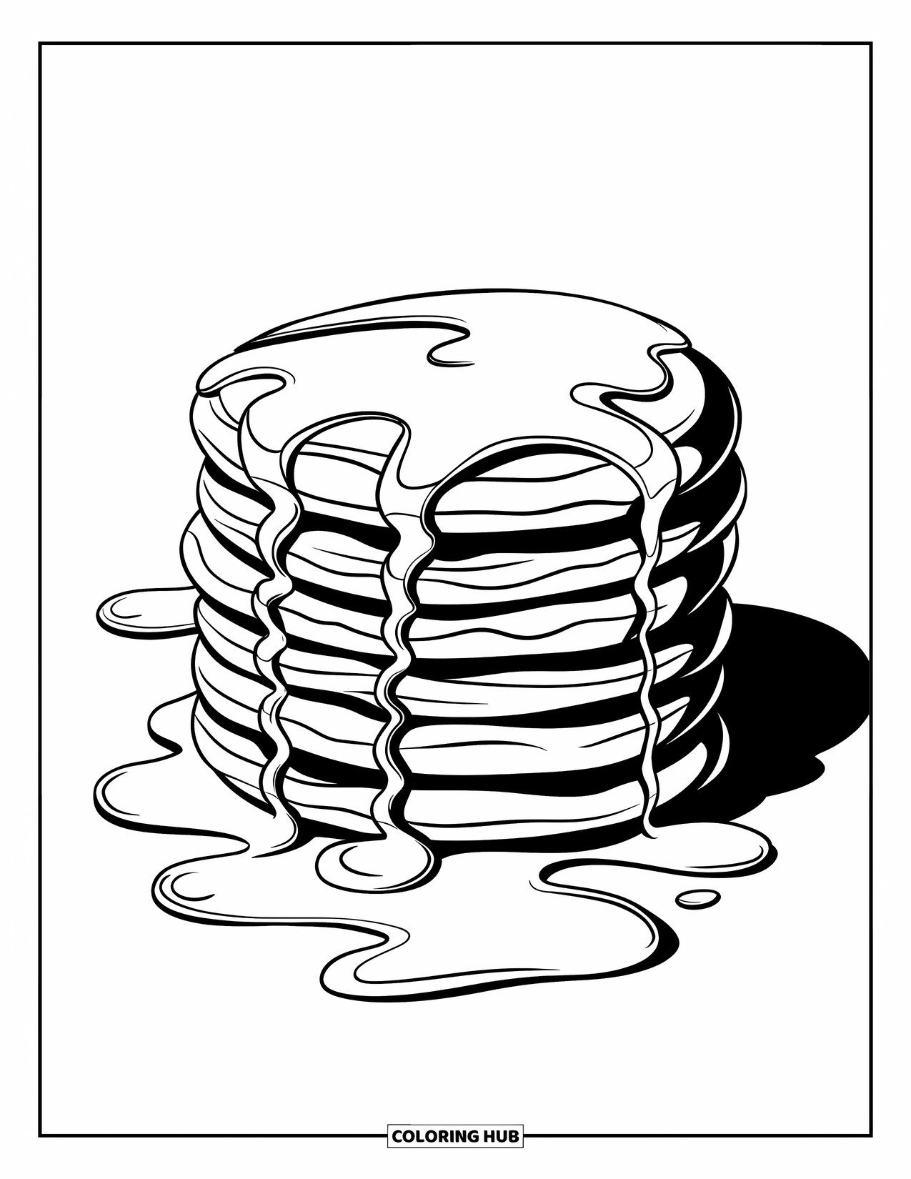 Coloriage de crêpe pour enfants : Une illustration artistique de crêpe arrosée de sirop avec une perspective unique et des contours propres et audacieux