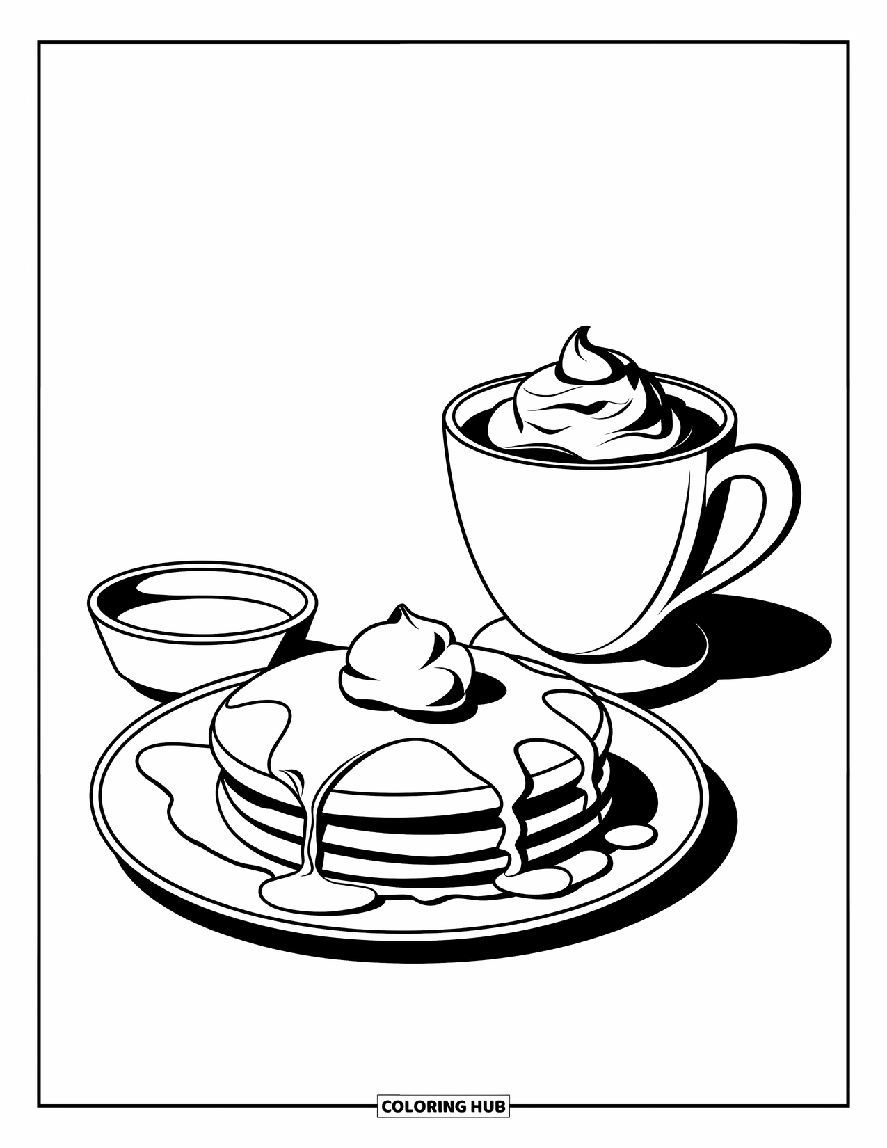 Coloriage de crêpe pour enfants : Trois crêpes moelleuses avec de la crème fouettée et une tasse de chocolat chaud à côté