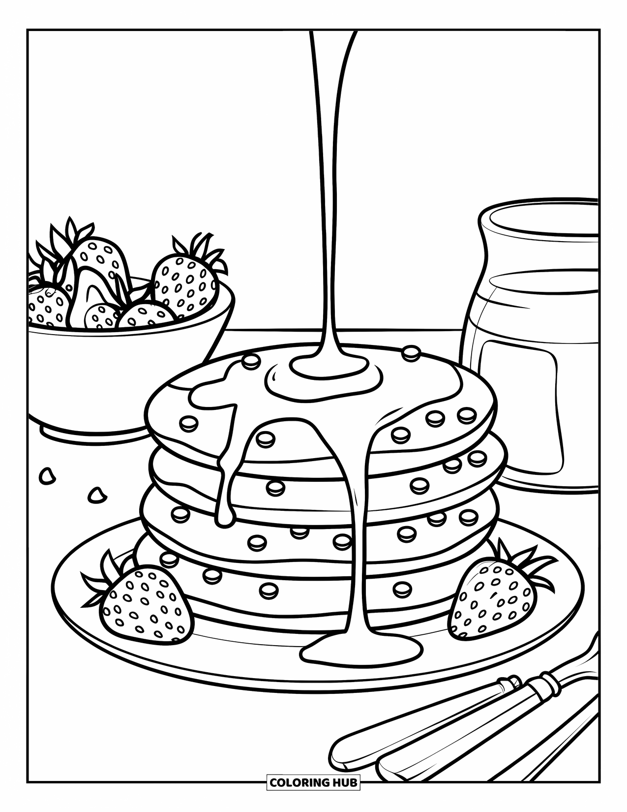 Coloriage de crêpe pour enfants : Trois crêpes empilées sur une assiette avec des pépites de chocolat, des fraises et du sirop